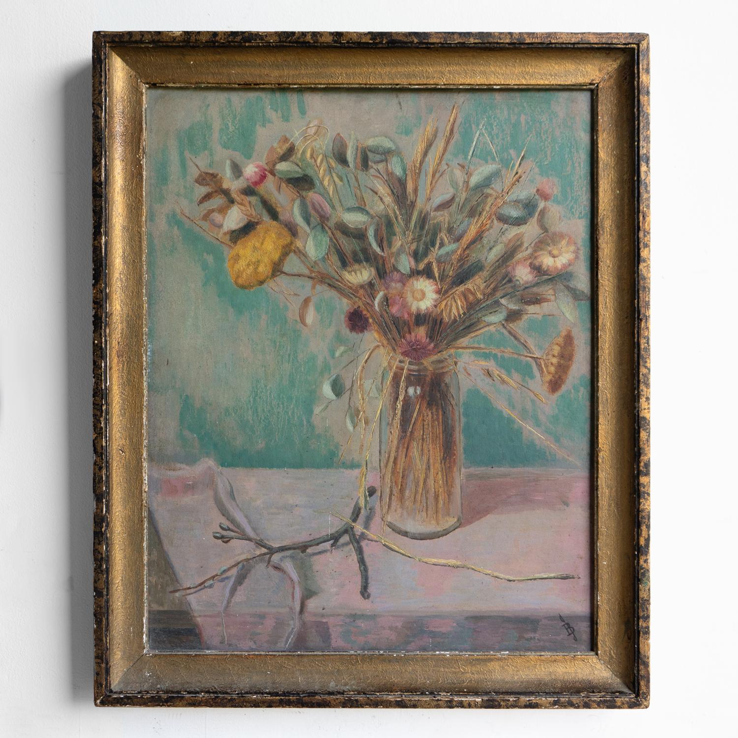 DIPINTO ORIGINALE AD OLIO SU TAVOLA RAFFIGURANTE UN VASO DI FIORI, METÀ DEL XX SECOLO

Raffigura una composizione di fiori ed erbe raccolte in un barattolo di vetro trasparente su un tavolo con una tovaglia rosa scuro e pareti blu-verde alle