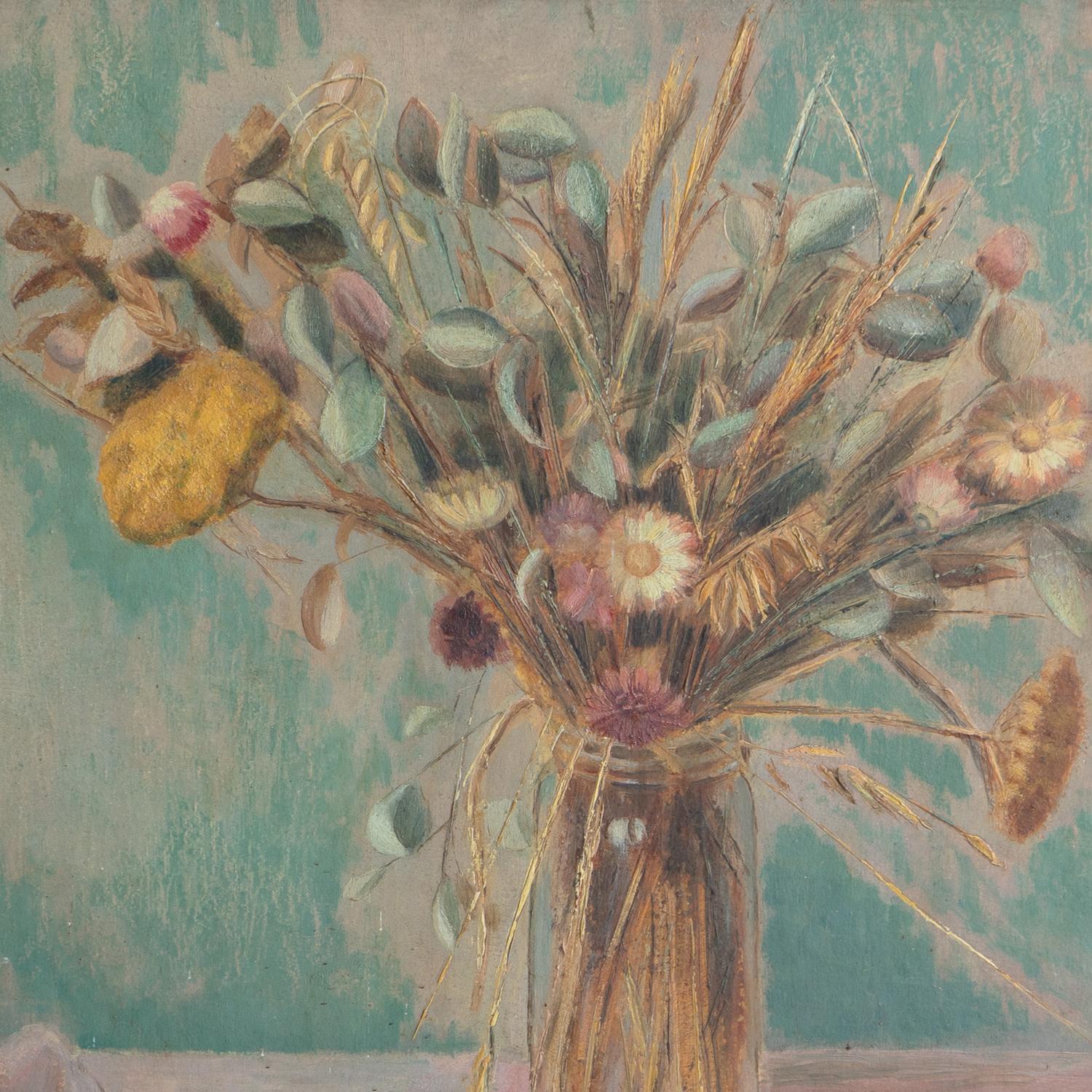 Espressionista Natura morta floreale crepuscolare d'epoca, pittura originale a olio su tavola, anni '50