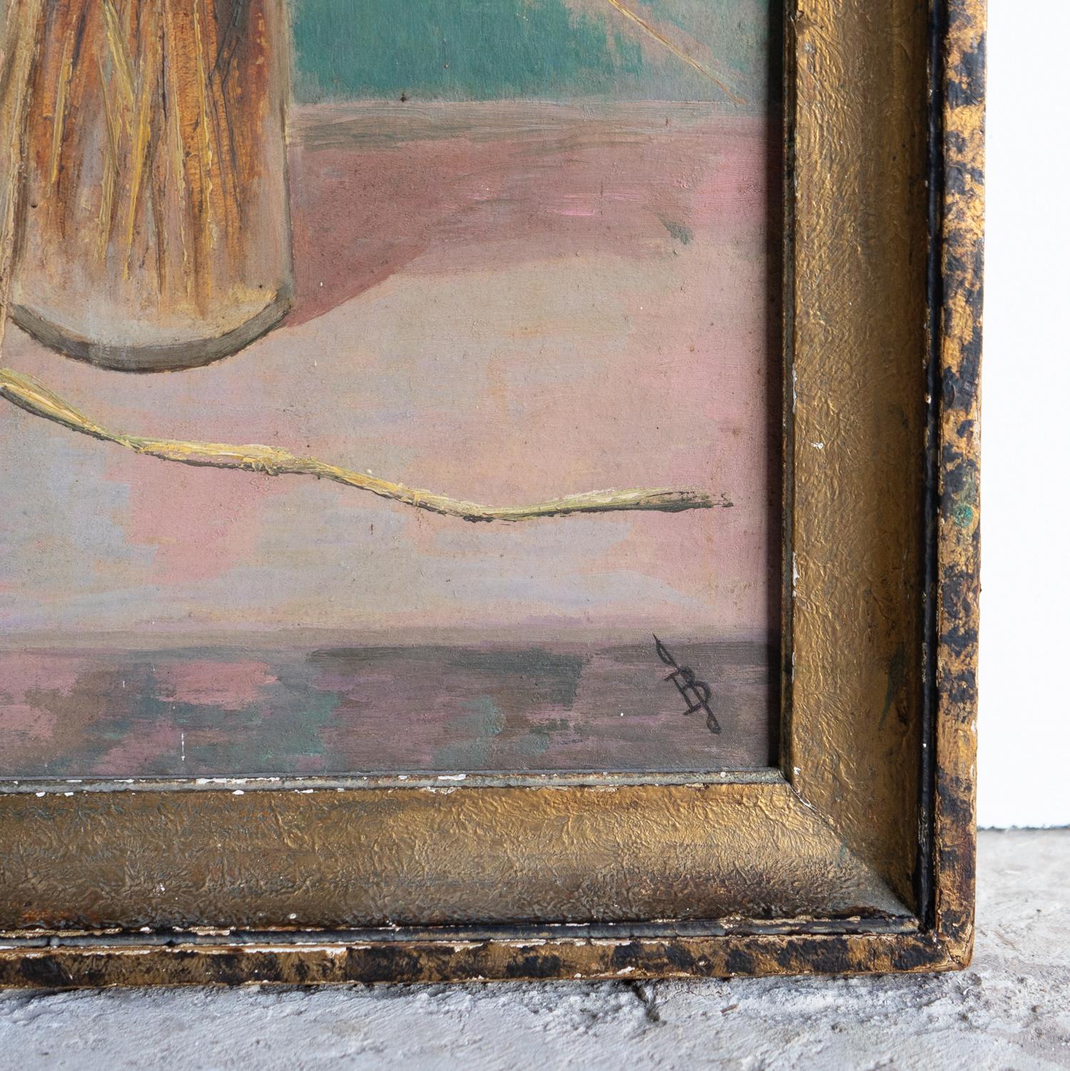 Europeo Natura morta floreale crepuscolare d'epoca, pittura originale a olio su tavola, anni '50