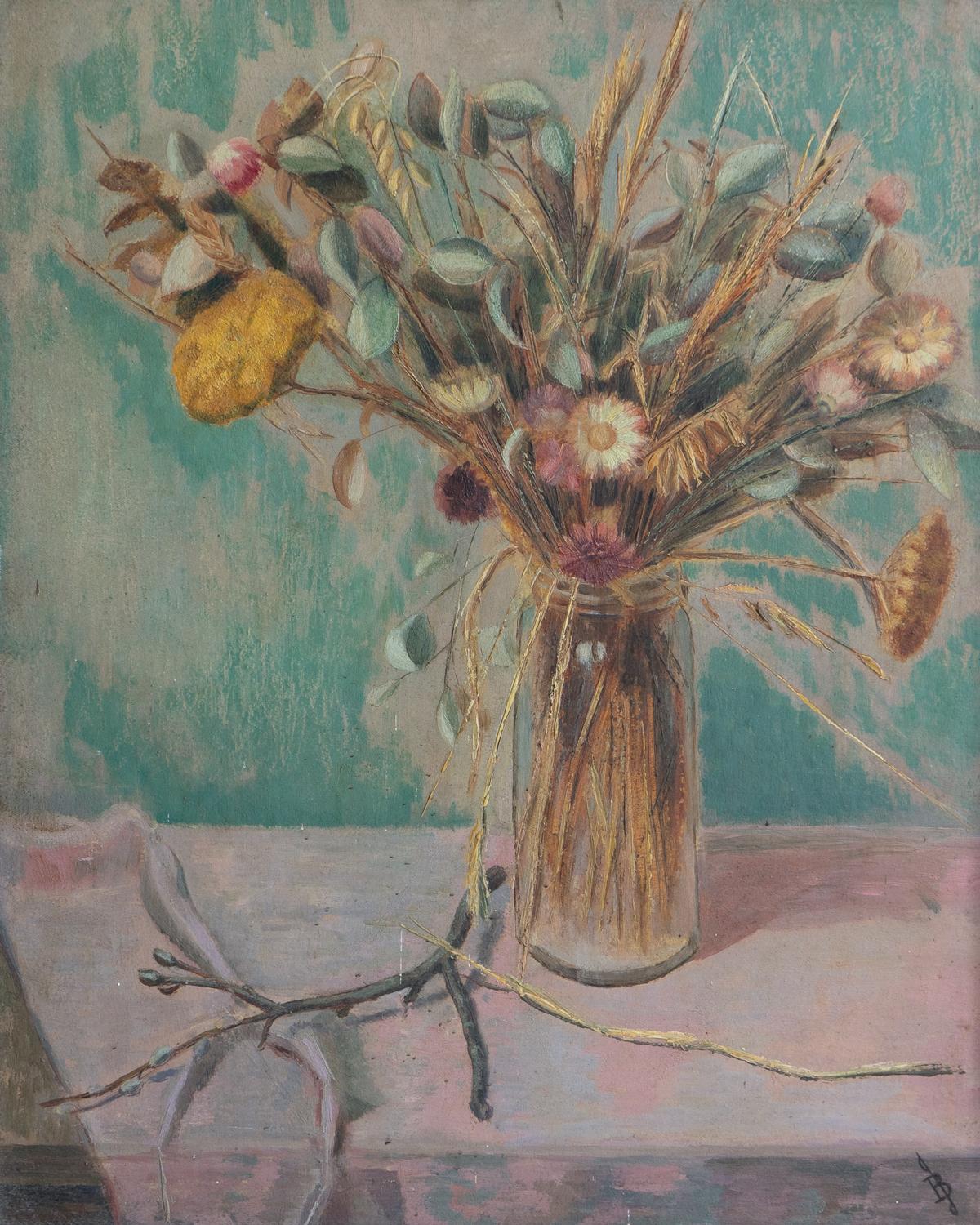 XX secolo Natura morta floreale crepuscolare d'epoca, pittura originale a olio su tavola, anni '50