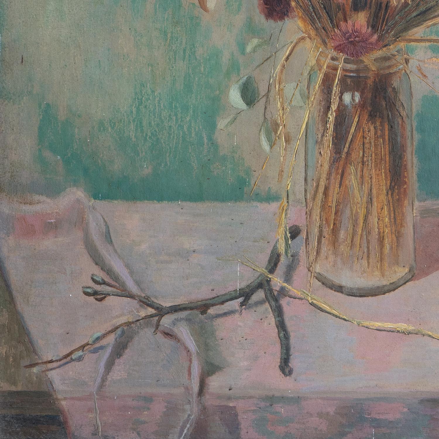 Tela Natura morta floreale crepuscolare d'epoca, pittura originale a olio su tavola, anni '50