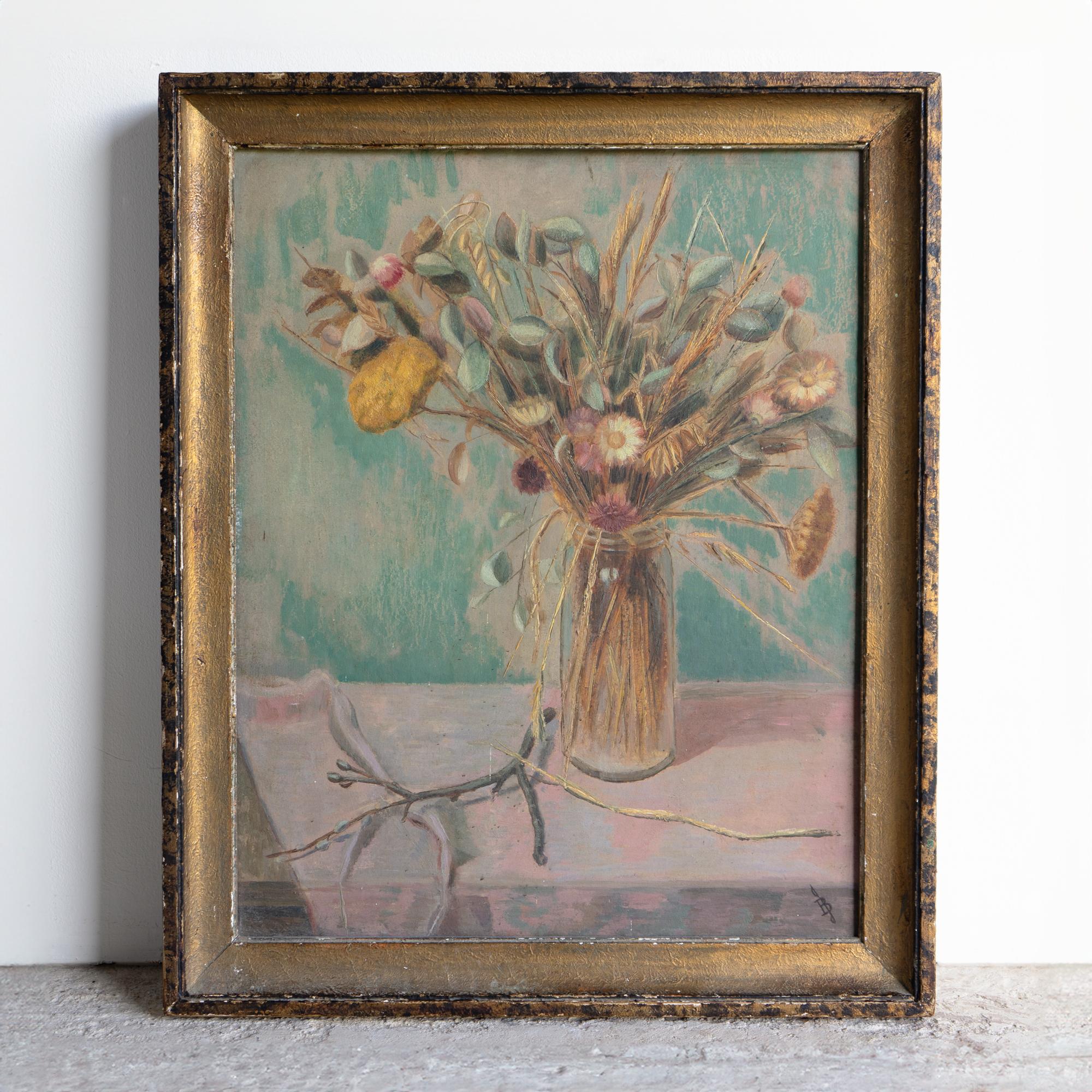 Natura morta floreale crepuscolare d'epoca, pittura originale a olio su tavola, anni '50 1