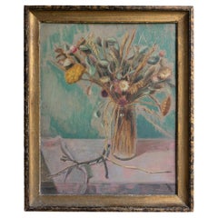 Vintage Dusky Floral Still Life, Original Oil On Board Painting, 1950S