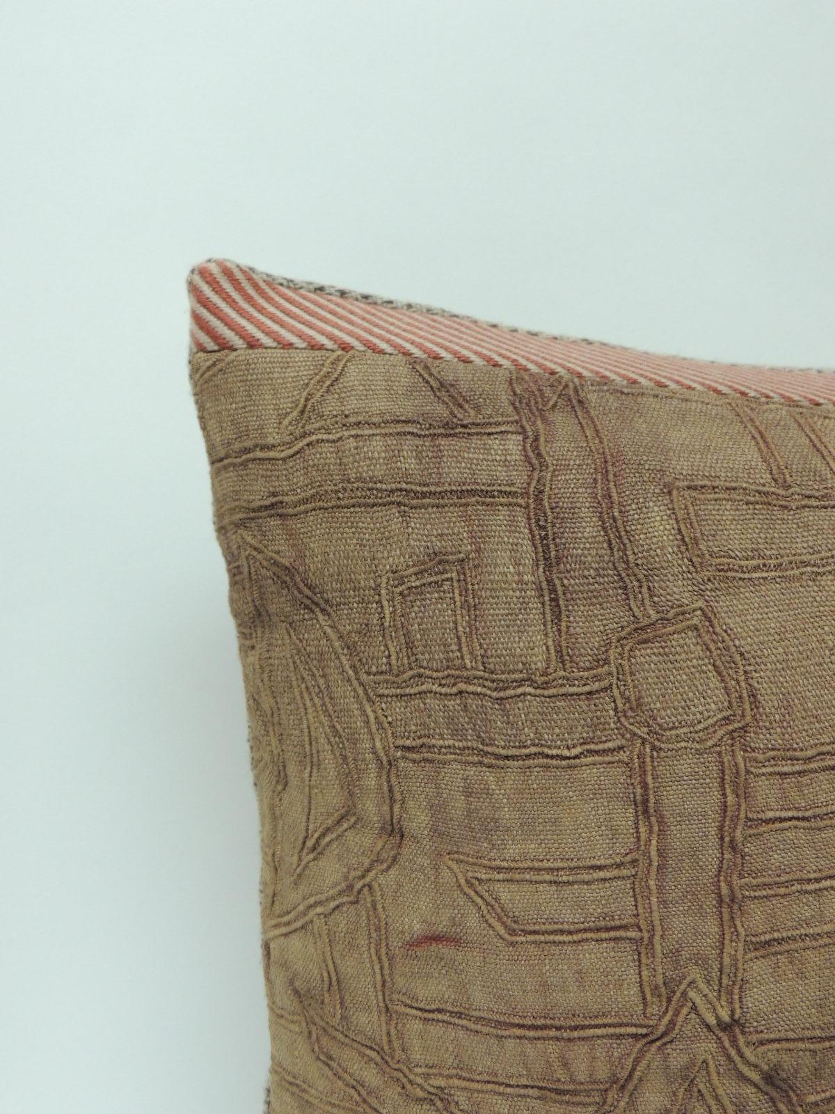 African Vintage Dusty Pink Raffia Kuba Tribal Design Decorative Bolster Pillow