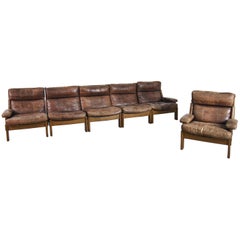 Vintage Dutch 5-pieces Modular Leather Patchwork Oak Sofa and Armchair, 1960s