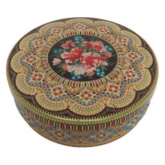 Vintage Dutch Beaded Mosaic Relief Biscuit Tin/Lidded Box with Floral Decoration