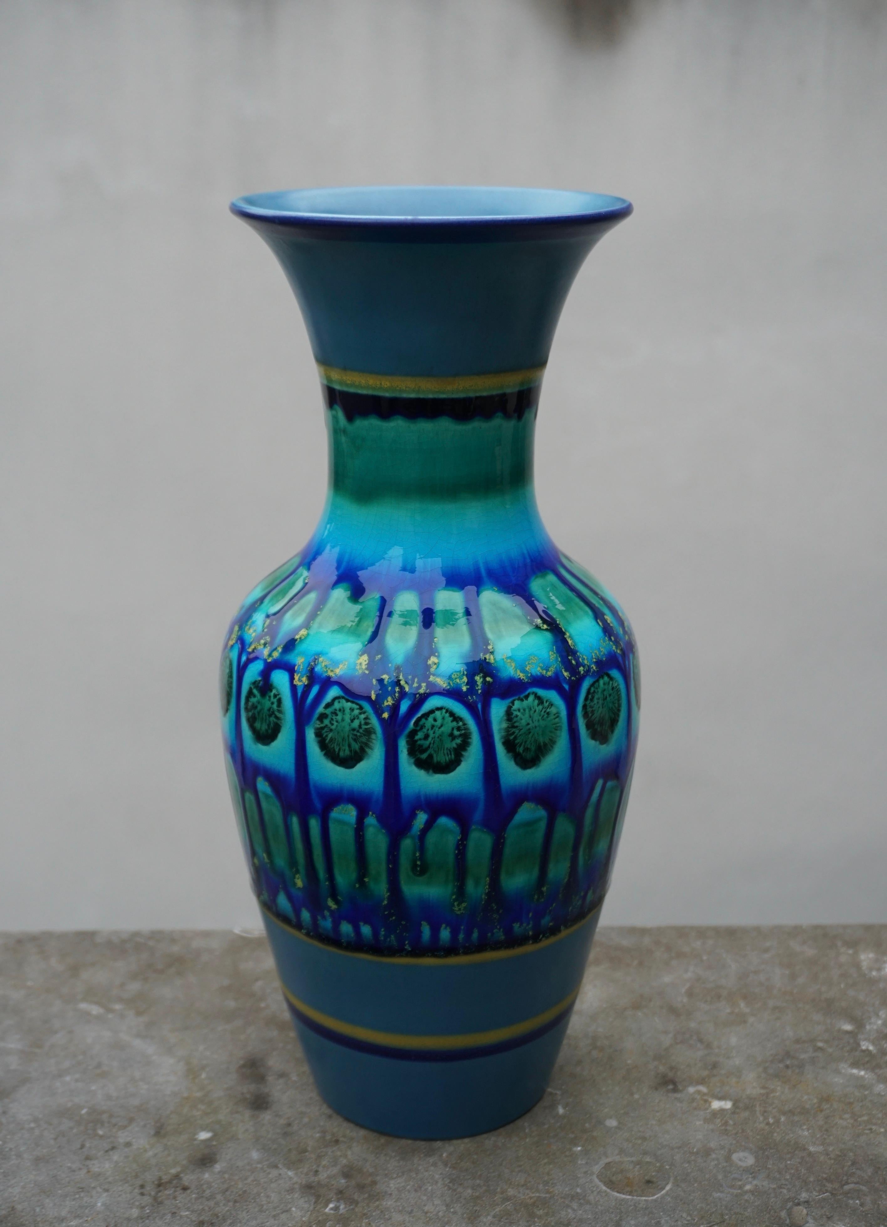 Mid-Century Modern Vintage Dutch Blue Fat Lava Style Flora Gouda Vase, Holland  For Sale