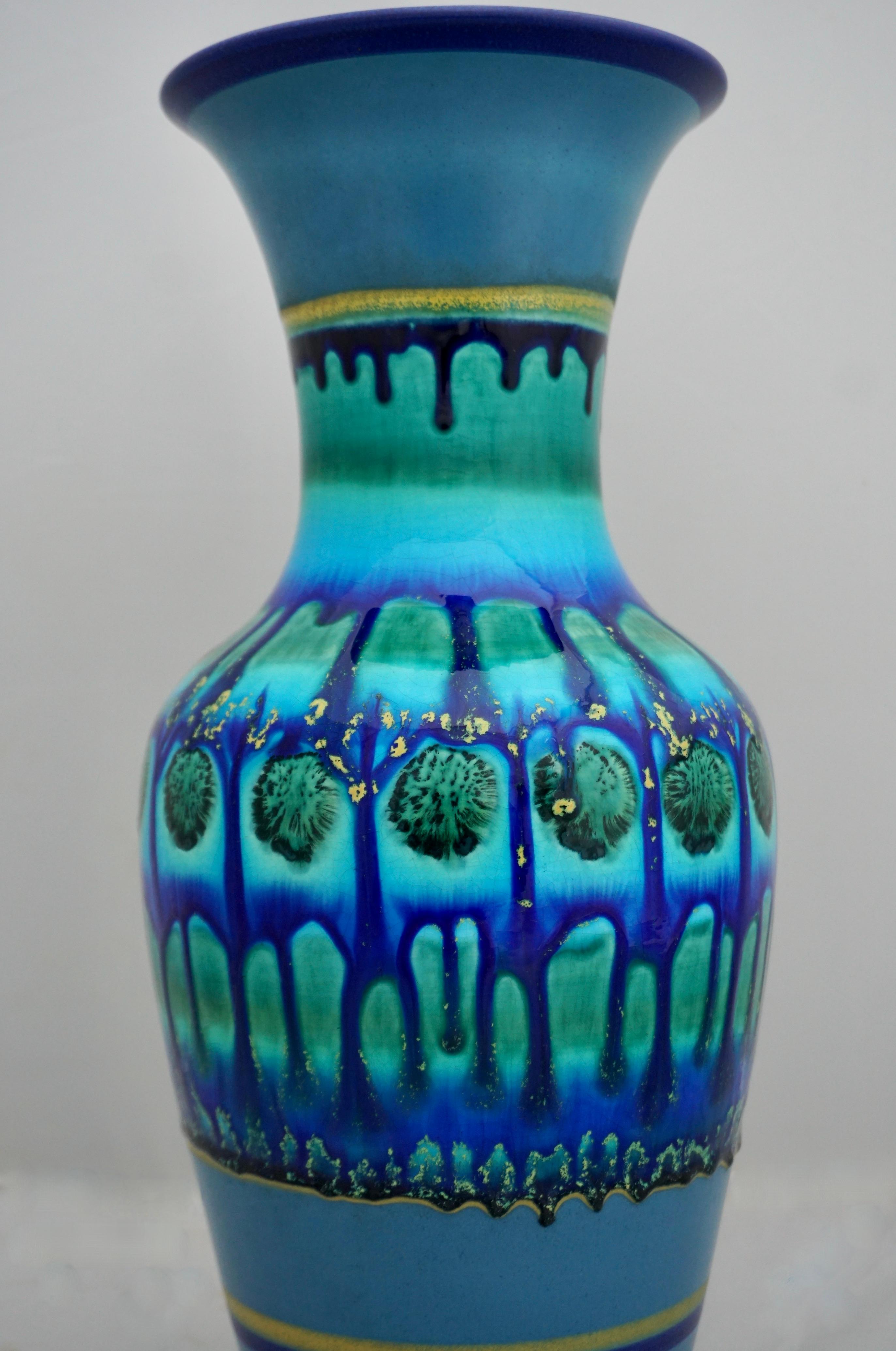Hand-Carved Vintage Dutch Blue Fat Lava Style Flora Gouda Vase, Holland  For Sale