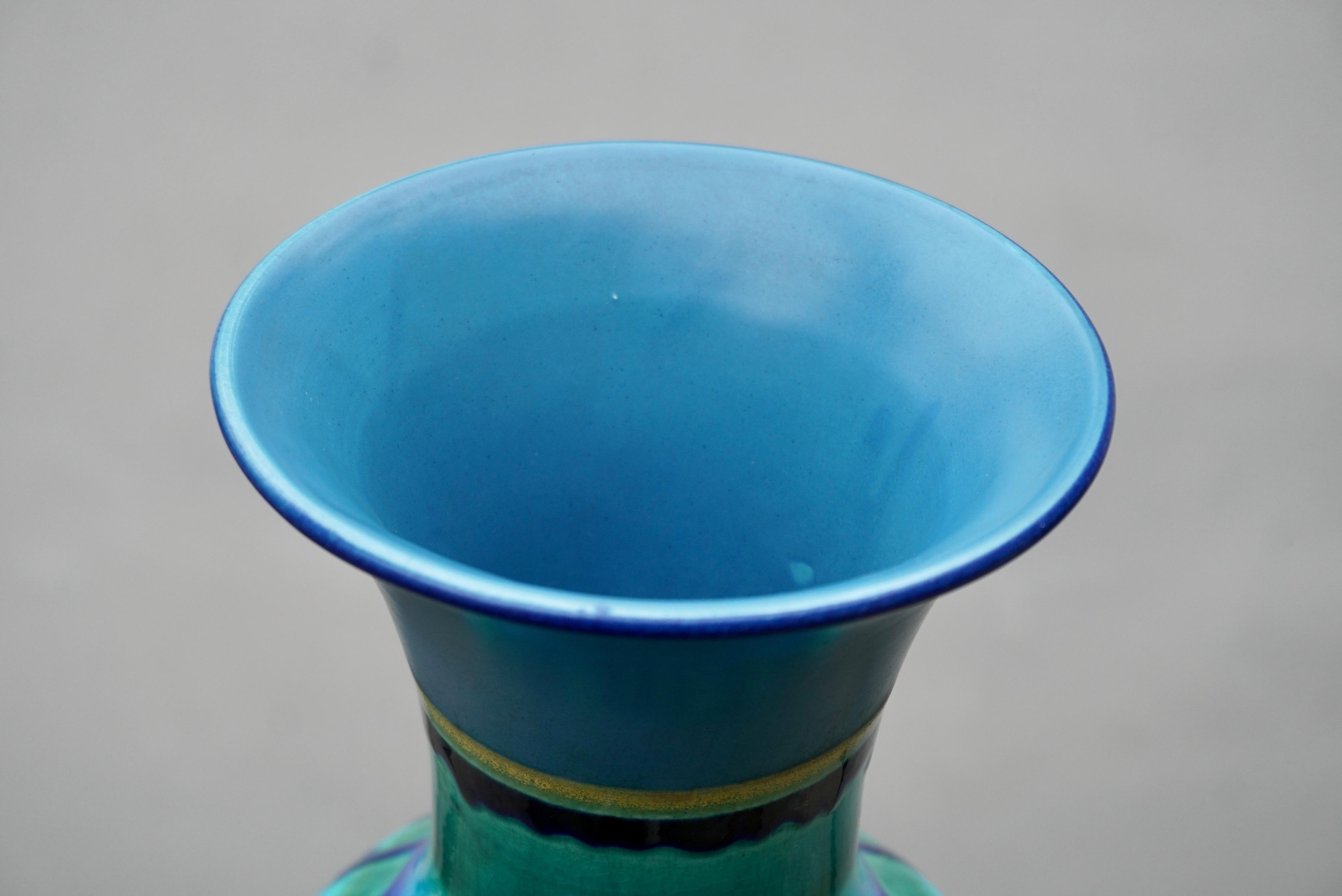 Mid-Century Modern Vintage Dutch Blue Fat Lava Style Flora Gouda Vase, Holland  For Sale