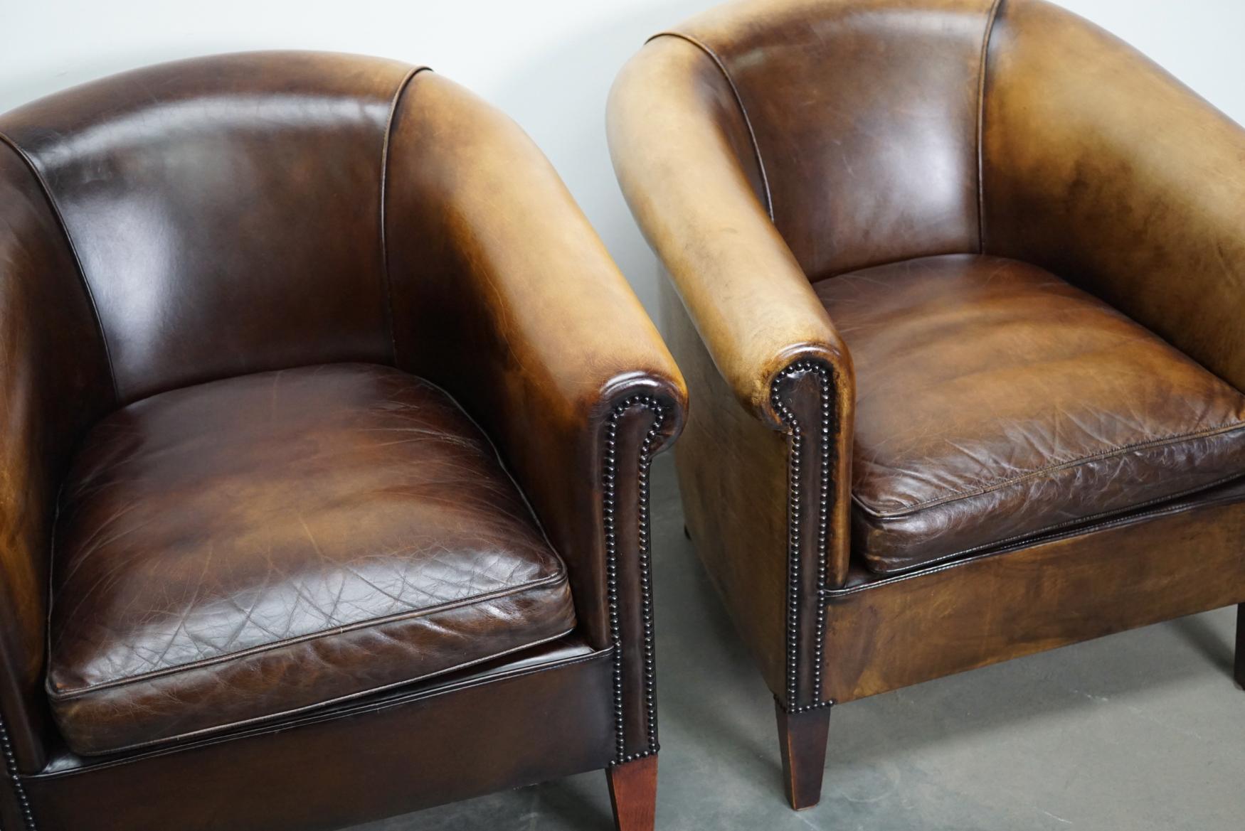 Industrial Vintage Dutch Brown Leather Club Chairs, Set of 2