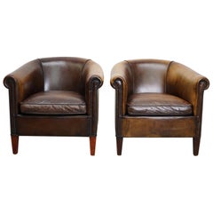 Vintage Dutch Brown Leather Club Chairs, Set of 2