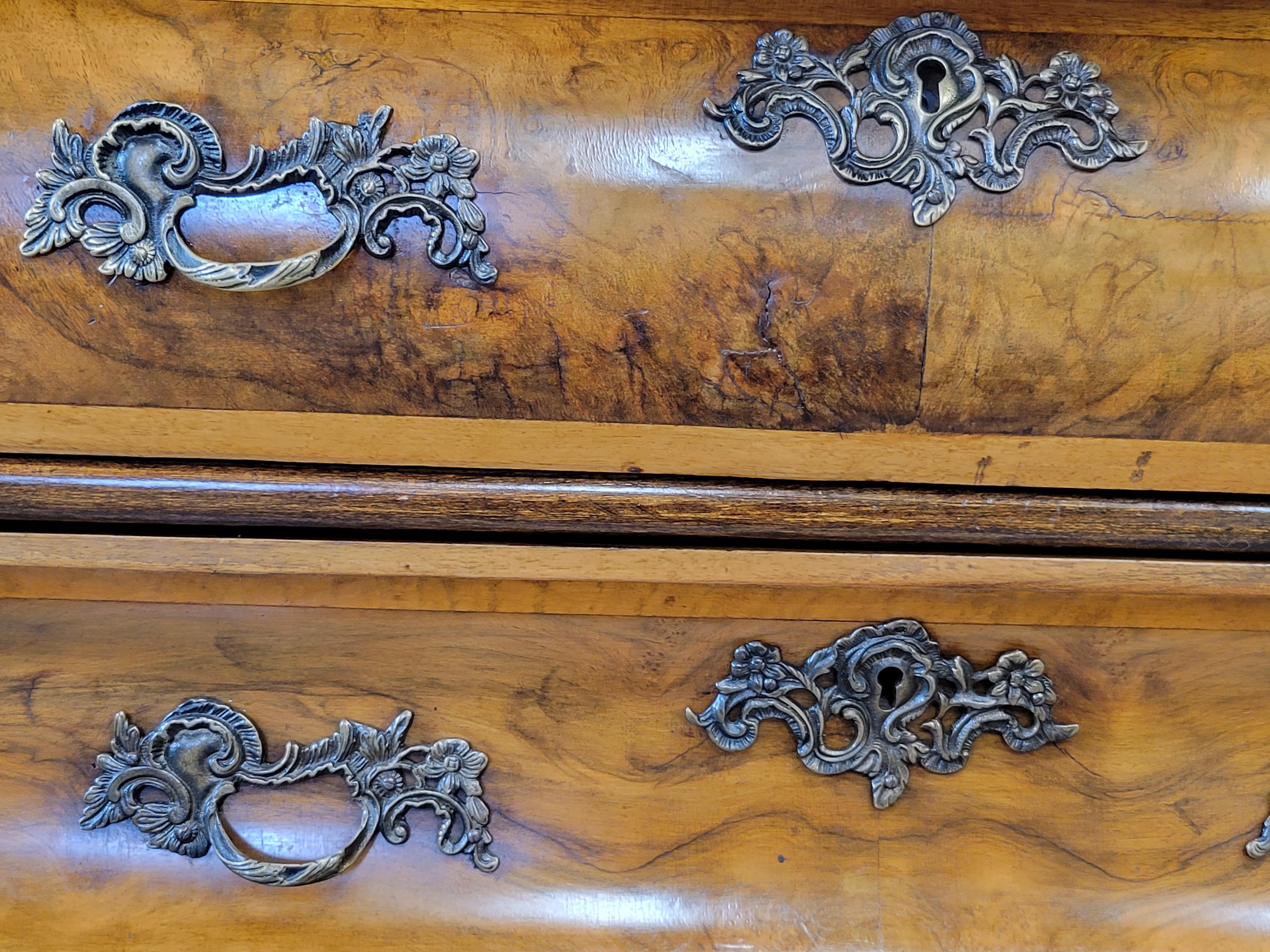 Mid-20th Century Vintage Dutch Burl Walnut Dresser Chest of Drawers with Original Brass Pulls