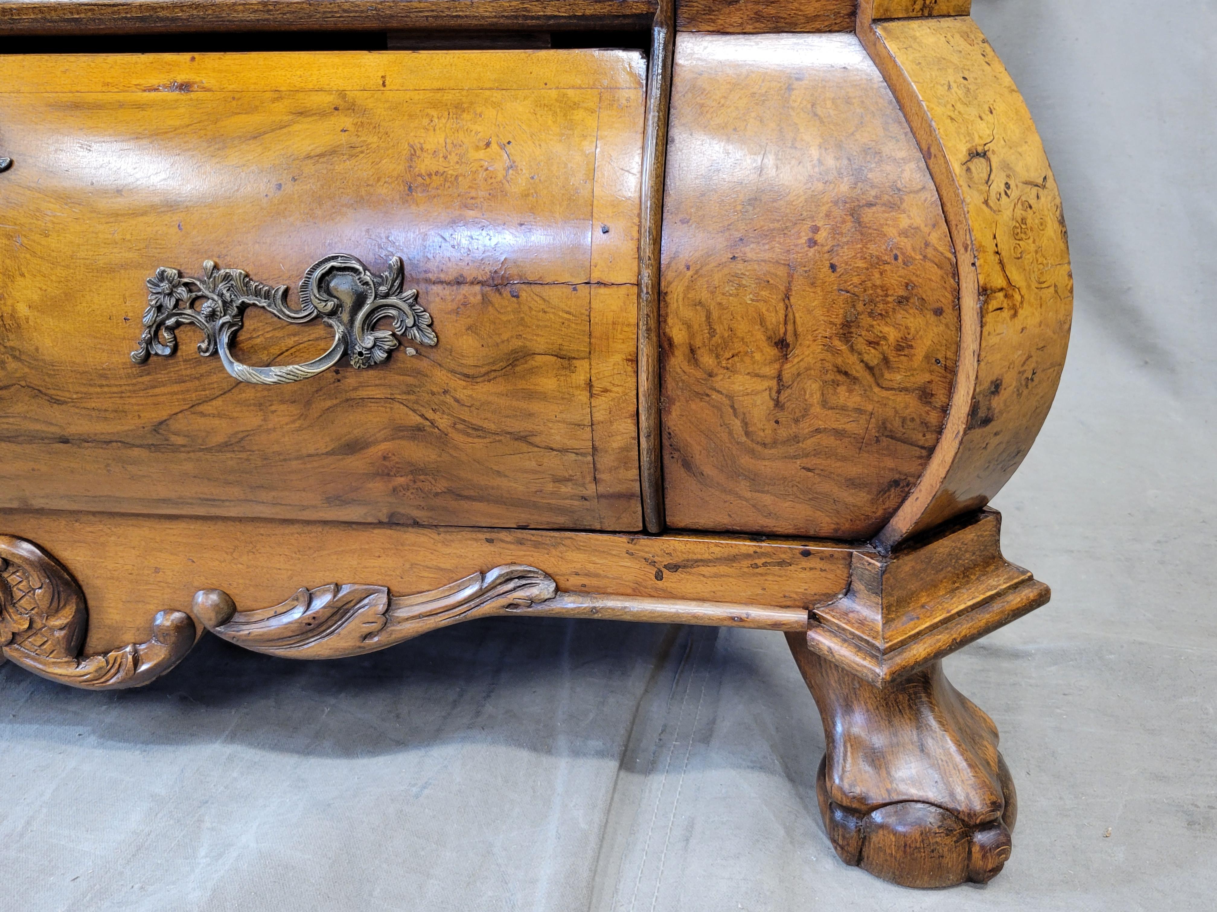 Vintage Dutch Burl Walnut Dresser Chest of Drawers with Original Brass Pulls 1