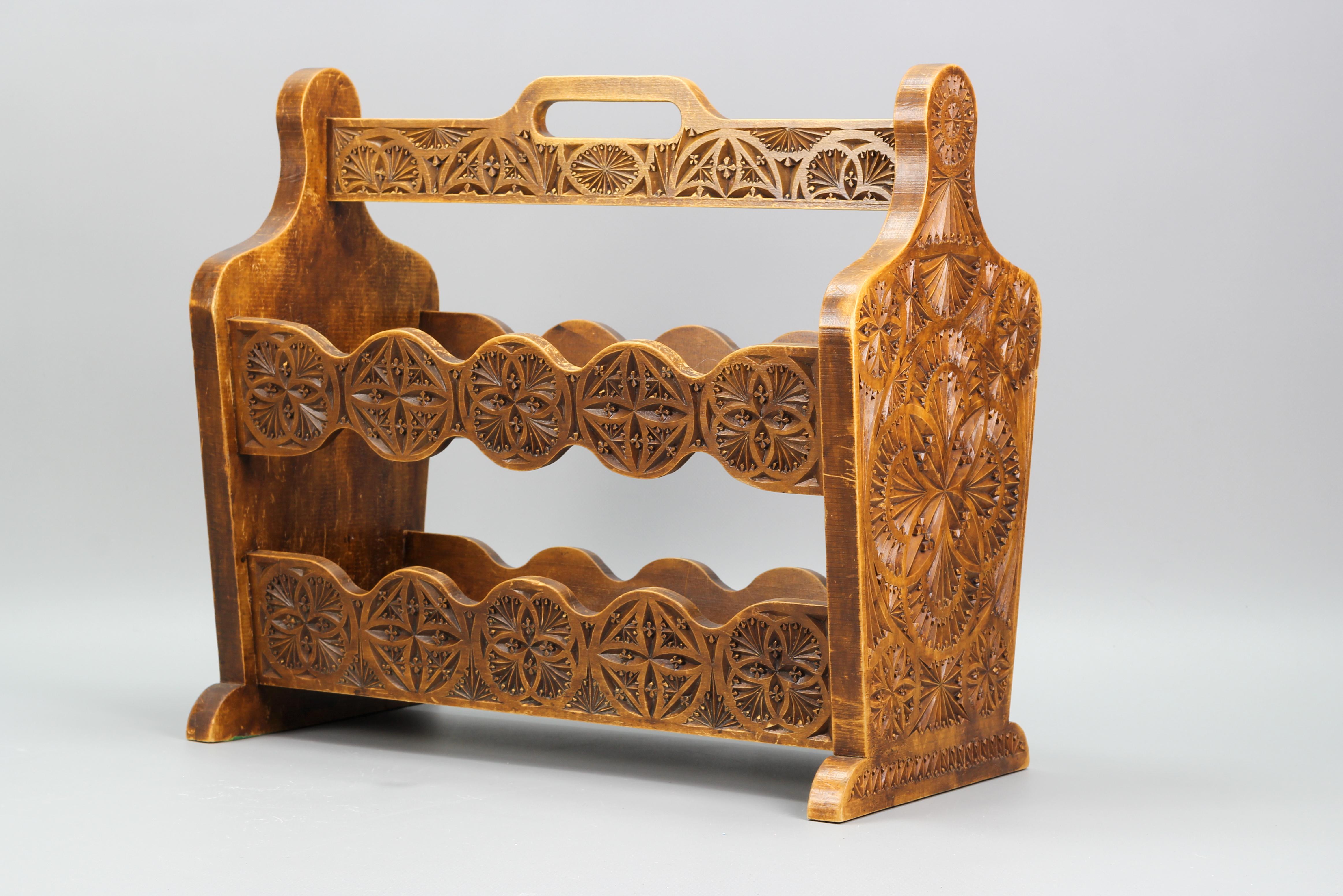 Arts and Crafts Vintage Dutch Carved Wooden Magazine Rack in Frisian Notch Cut Technique For Sale