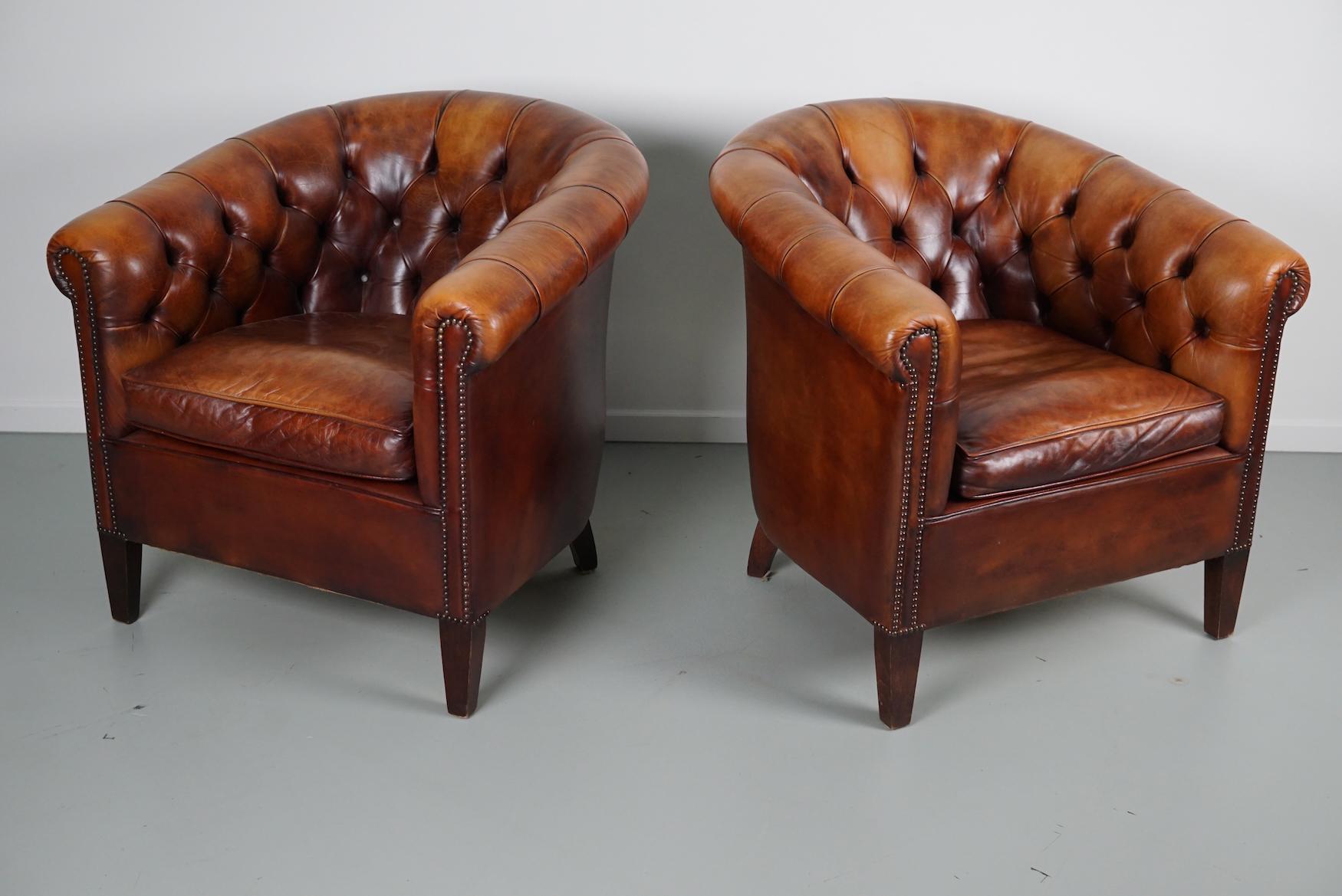 Vintage Dutch Chesterfield Cognac Leather Club Chairs, Set of 2 6