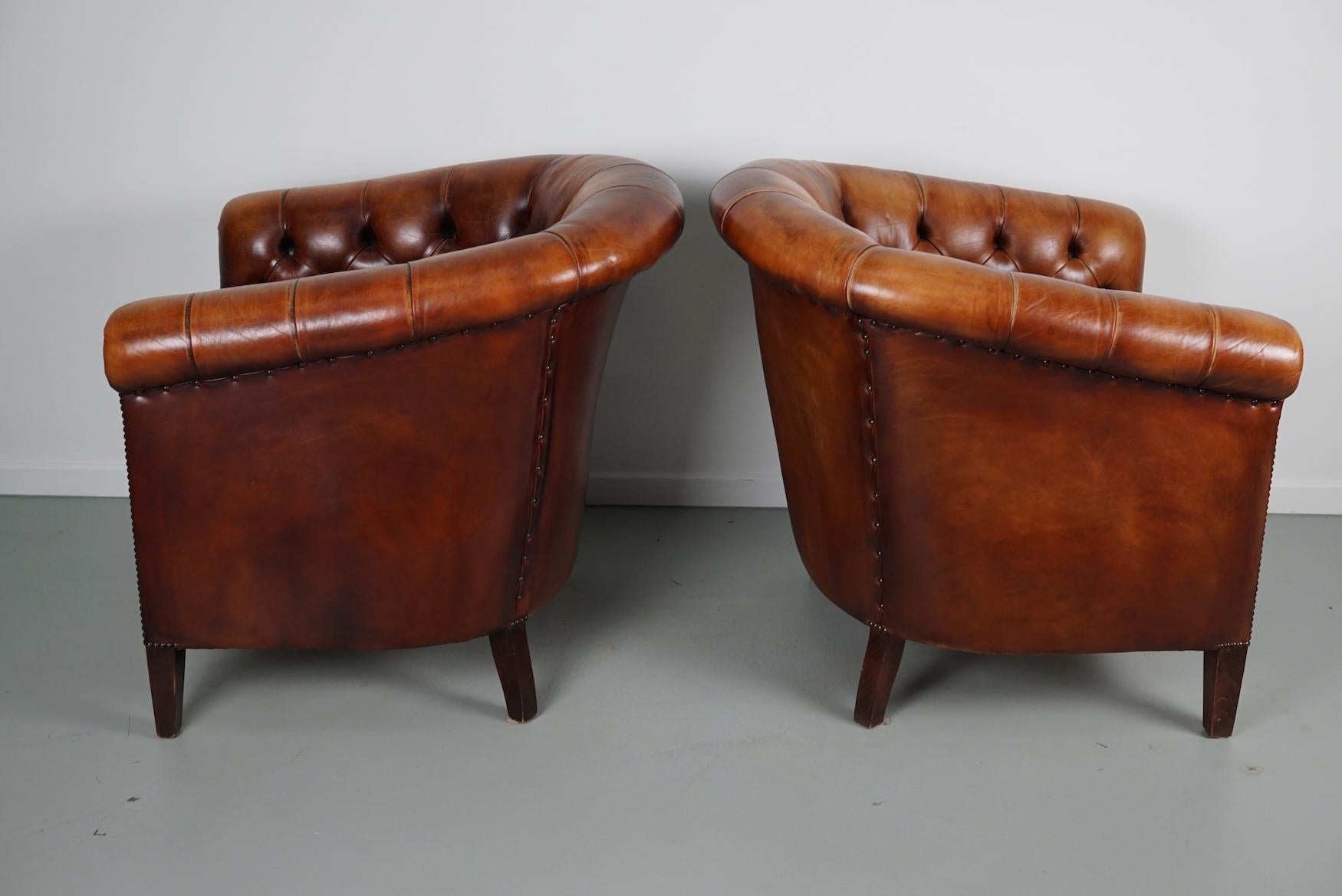 Vintage Dutch Chesterfield Cognac Leather Club Chairs, Set of 2 7