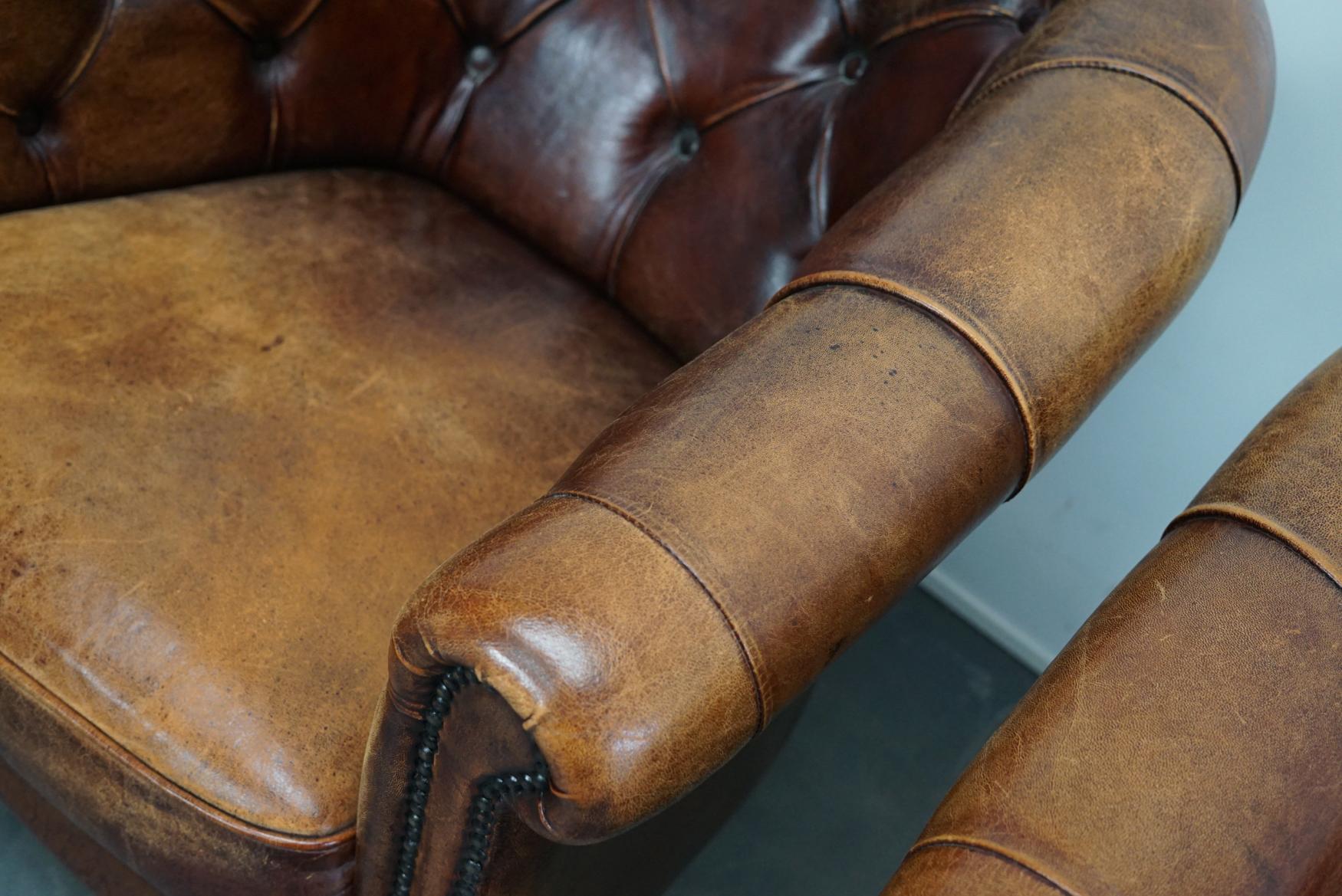 Vintage Dutch Chesterfield Cognac Leather Club Chairs, Set of 2 7