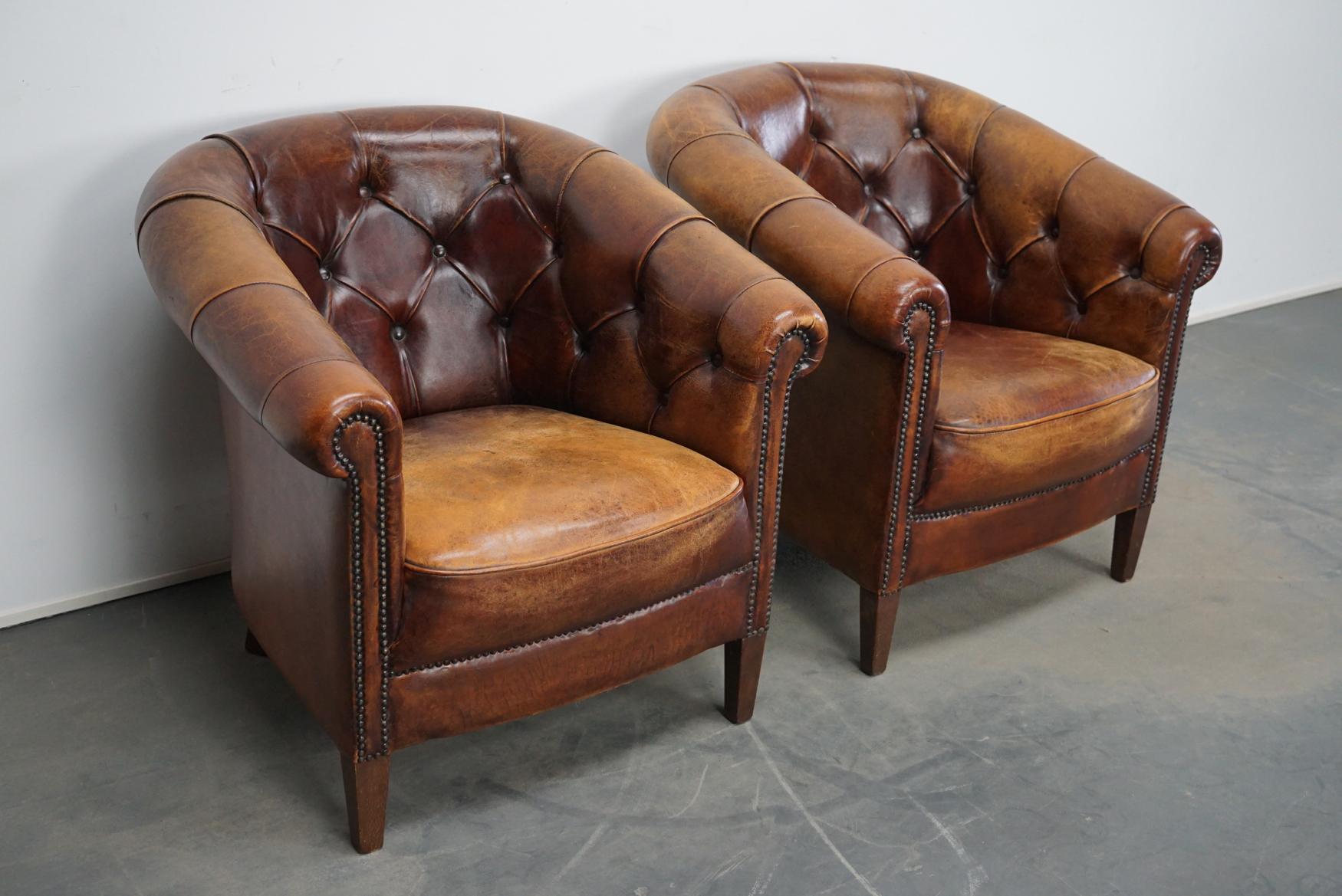 Vintage Dutch Chesterfield Cognac Leather Club Chairs, Set of 2 9