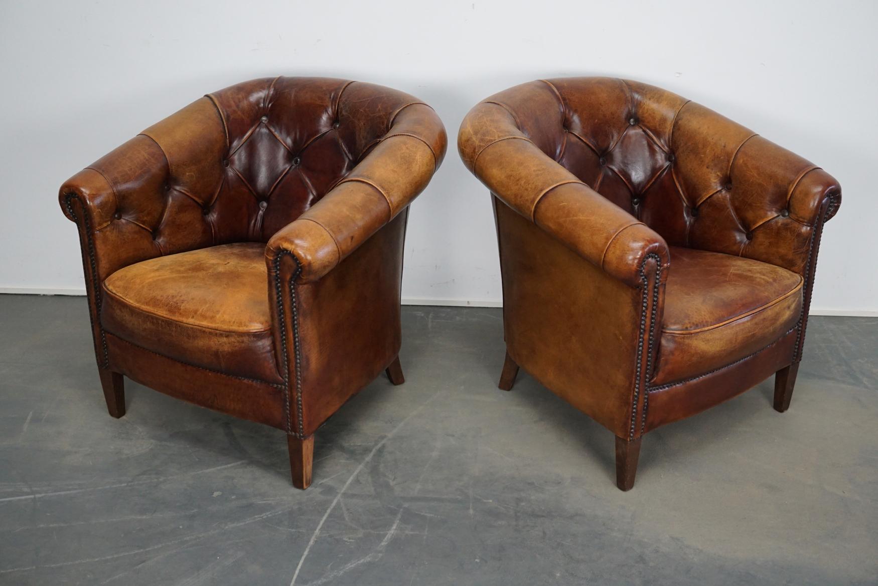Vintage Dutch Chesterfield Cognac Leather Club Chairs, Set of 2 10