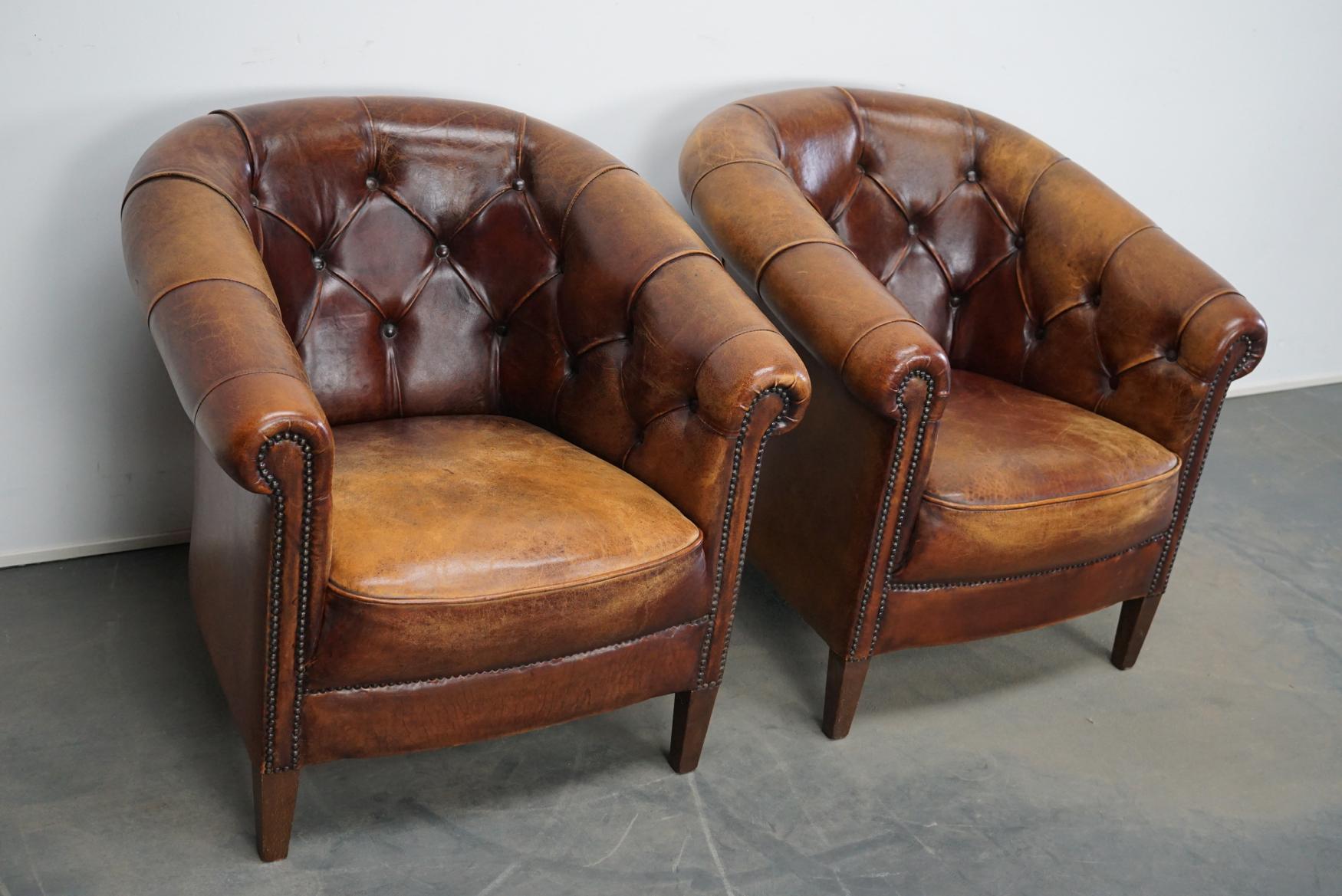 Industrial Vintage Dutch Chesterfield Cognac Leather Club Chairs, Set of 2