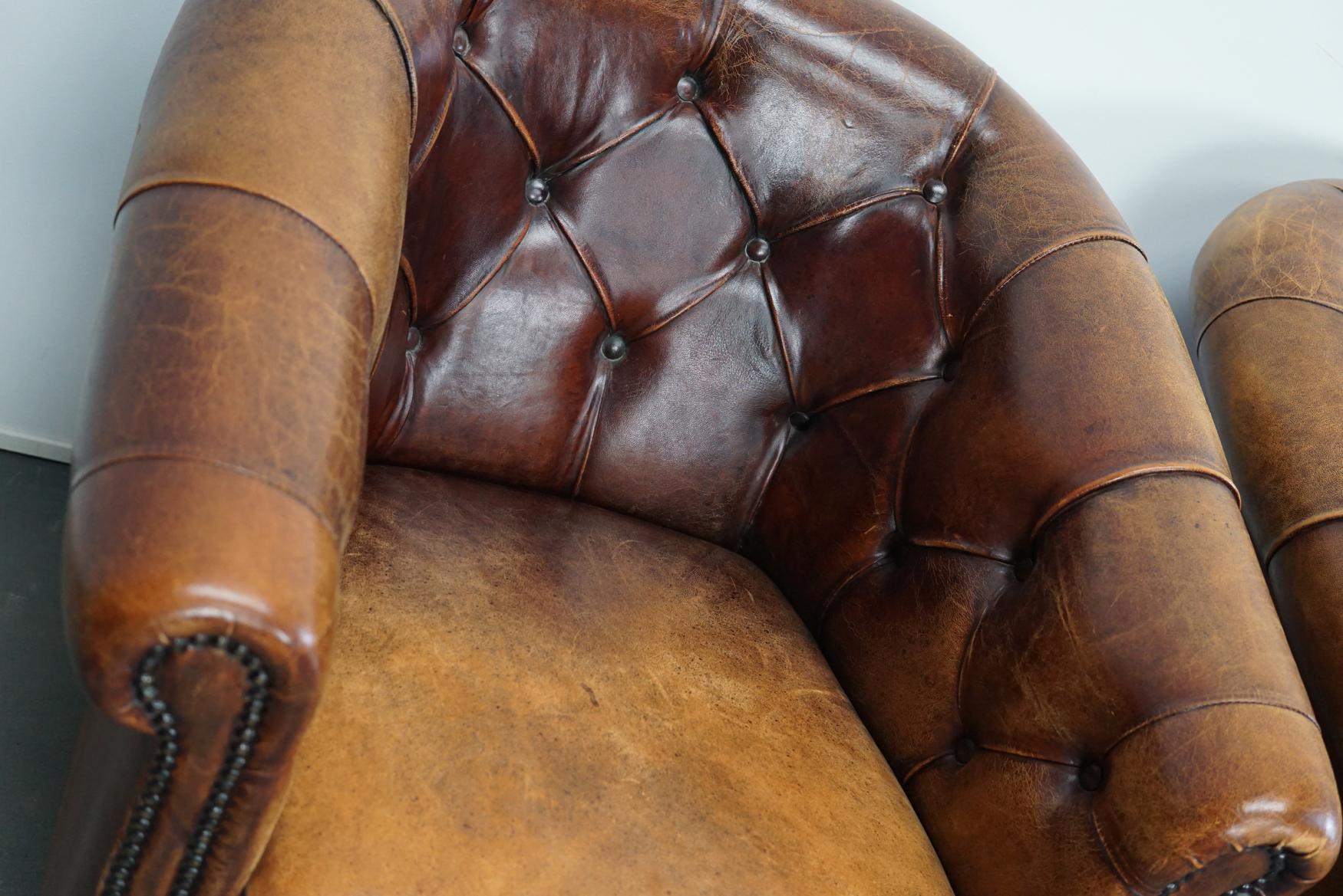 Vintage Dutch Chesterfield Cognac Leather Club Chairs, Set of 2 In Good Condition In Nijmegen, NL