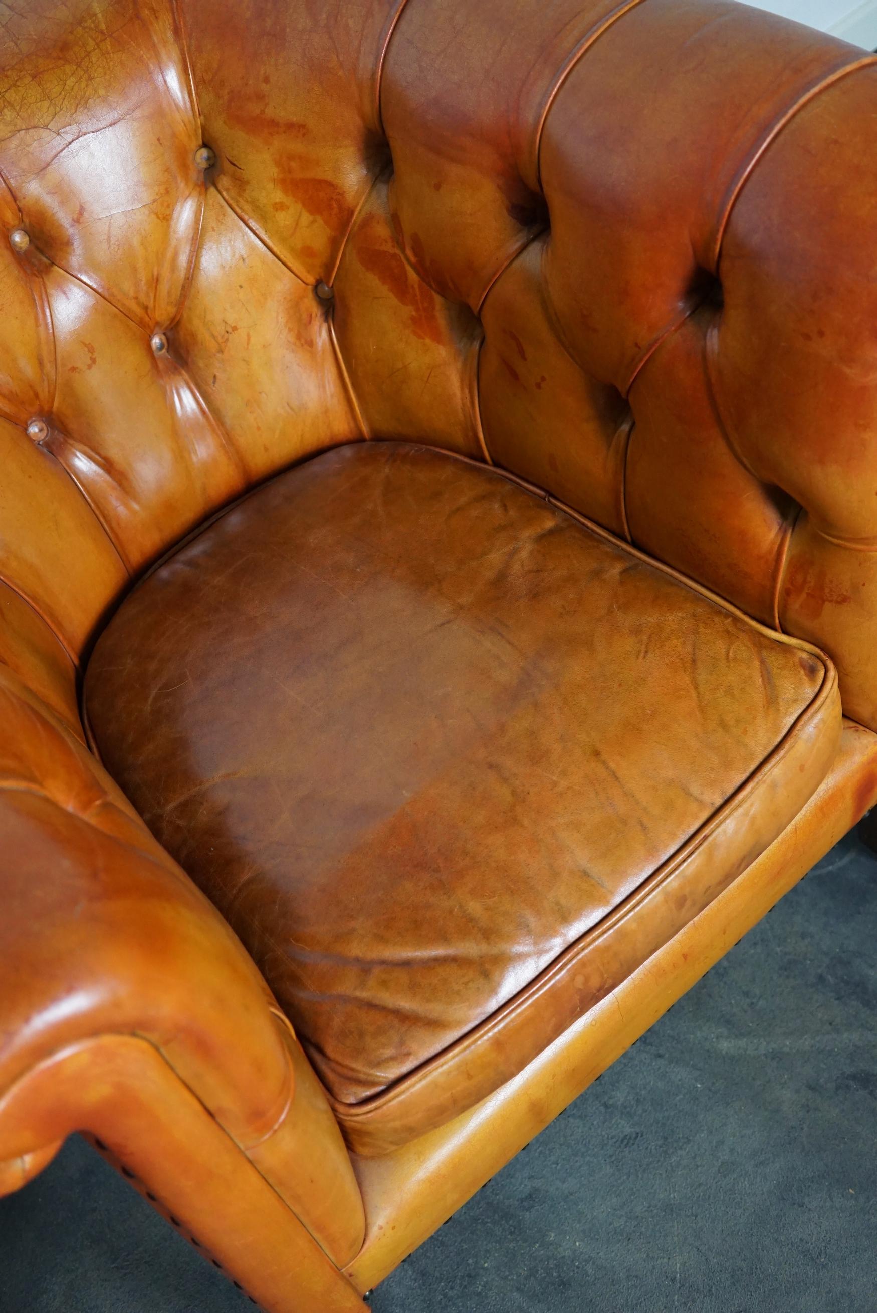 Late 20th Century Vintage Dutch Chesterfield Cognac Leather Club Chairs, Set of 2