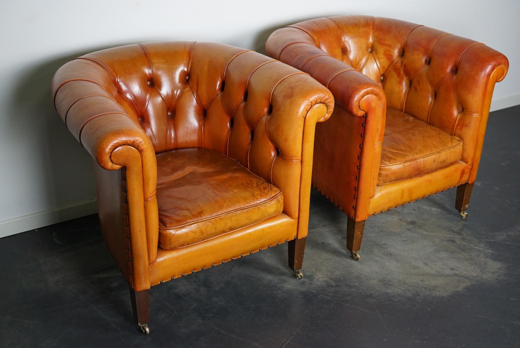 Vintage Dutch Chesterfield Cognac Leather Club Chairs, Set of 2 2