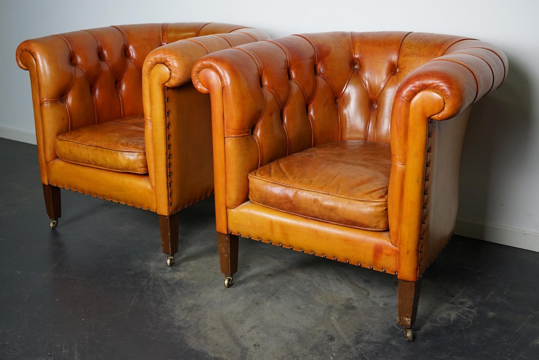 Vintage Dutch Chesterfield Cognac Leather Club Chairs, Set of 2 3