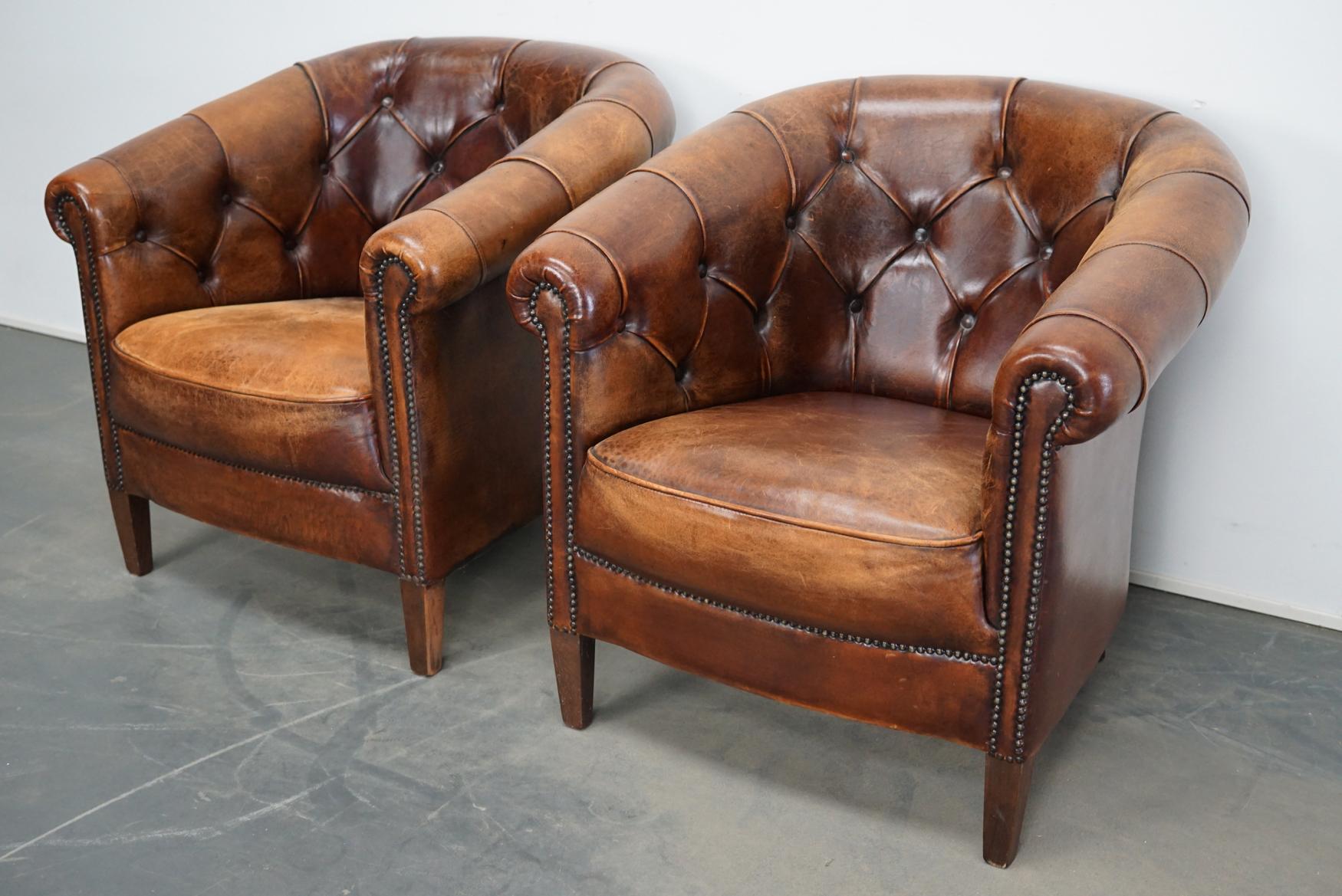 Vintage Dutch Chesterfield Cognac Leather Club Chairs, Set of 2 4