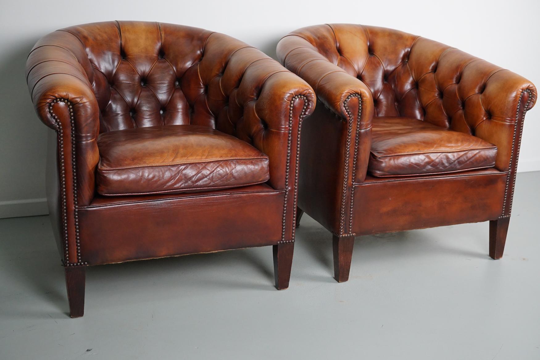Vintage Dutch Chesterfield Cognac Leather Club Chairs, Set of 2 5