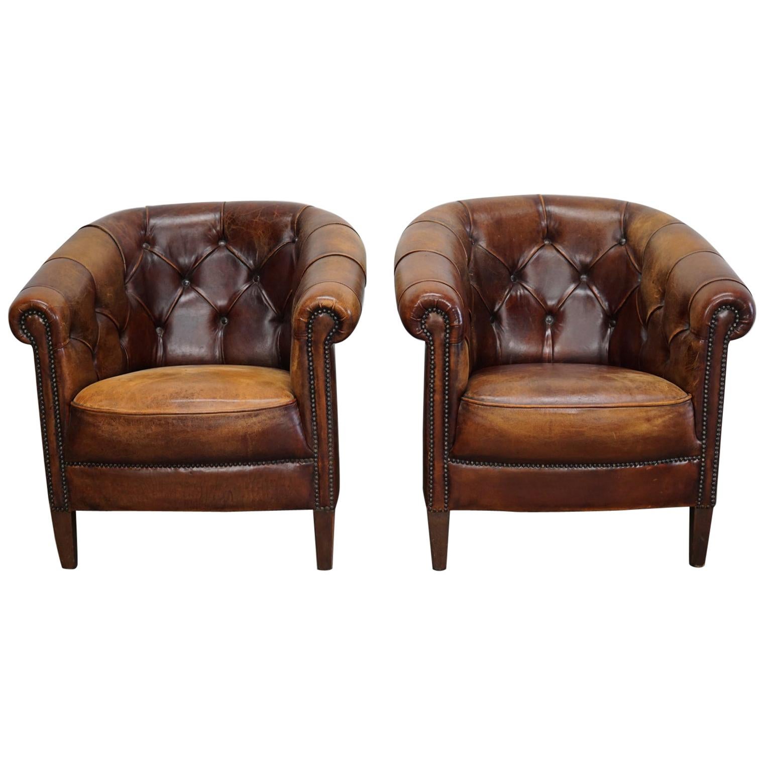 Vintage Dutch Chesterfield Cognac Leather Club Chairs, Set of 2