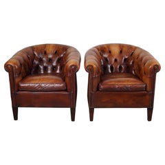Vintage Dutch Chesterfield Cognac Leather Club Chairs, Set of 2