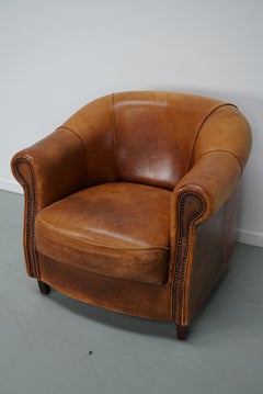 Fauteuil club hollandais vintage en cuir couleur cognac