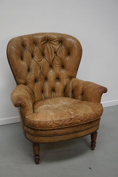 Fauteuil club hollandais vintage en cuir couleur cognac