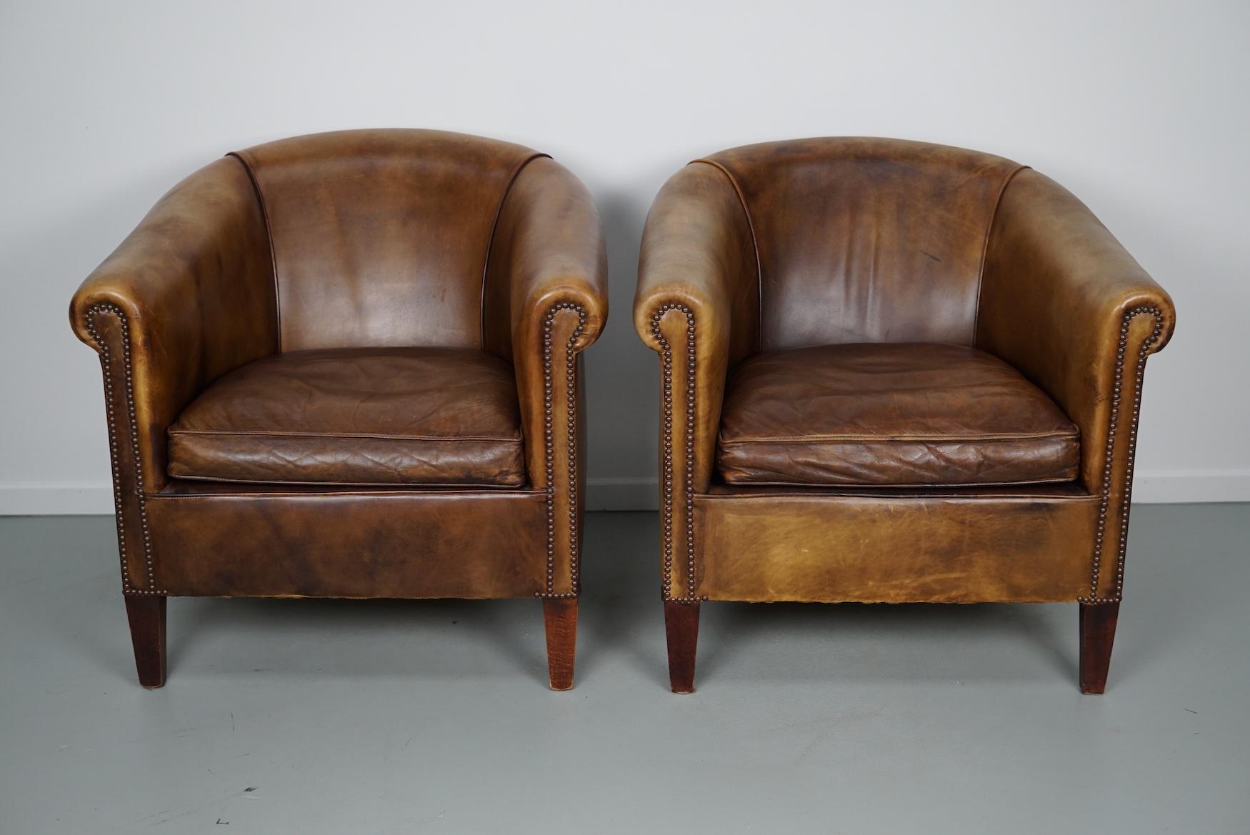Industrial Vintage Dutch Cognac / Brown Colored Leather Club Chair, Set of 2
