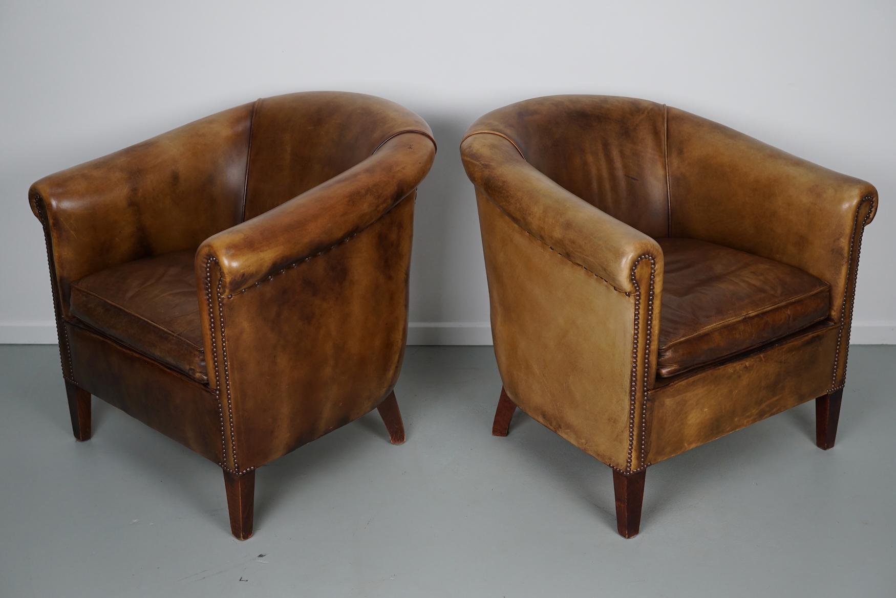 Vintage Dutch Cognac / Brown Colored Leather Club Chair, Set of 2 3