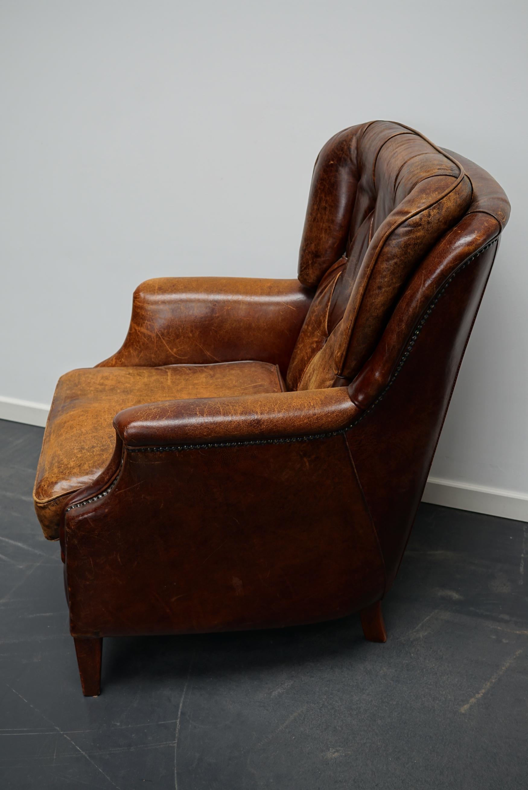 Vintage Dutch Cognac Colored Leather Club Chair Chesterfield Style In Good Condition In Nijmegen, NL