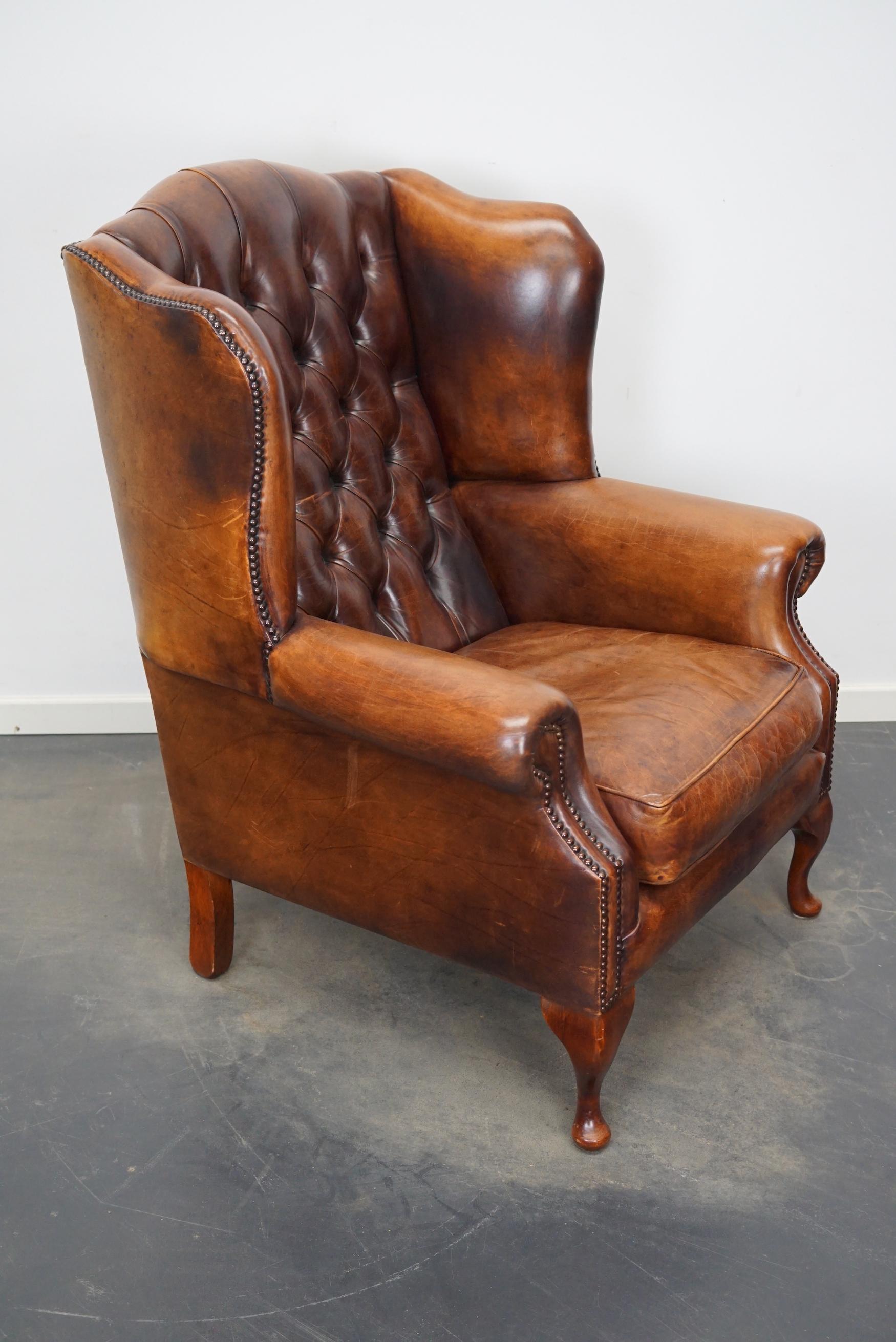 Vintage Dutch Cognac Colored Leather Club Chair Chesterfield Style In Good Condition In Nijmegen, NL