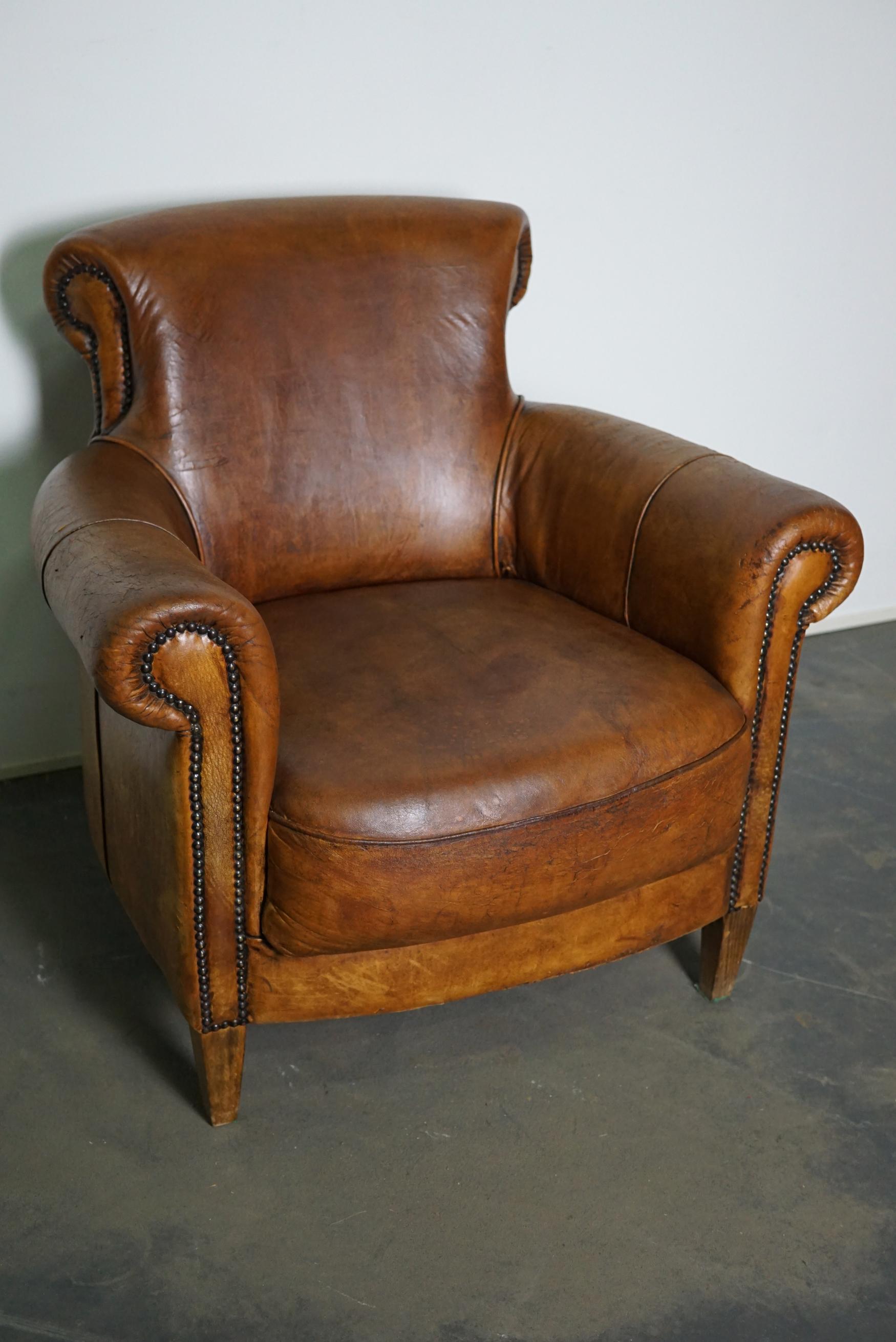 Vintage Dutch Cognac-Colored Leather Club Chair In Fair Condition In Nijmegen, NL