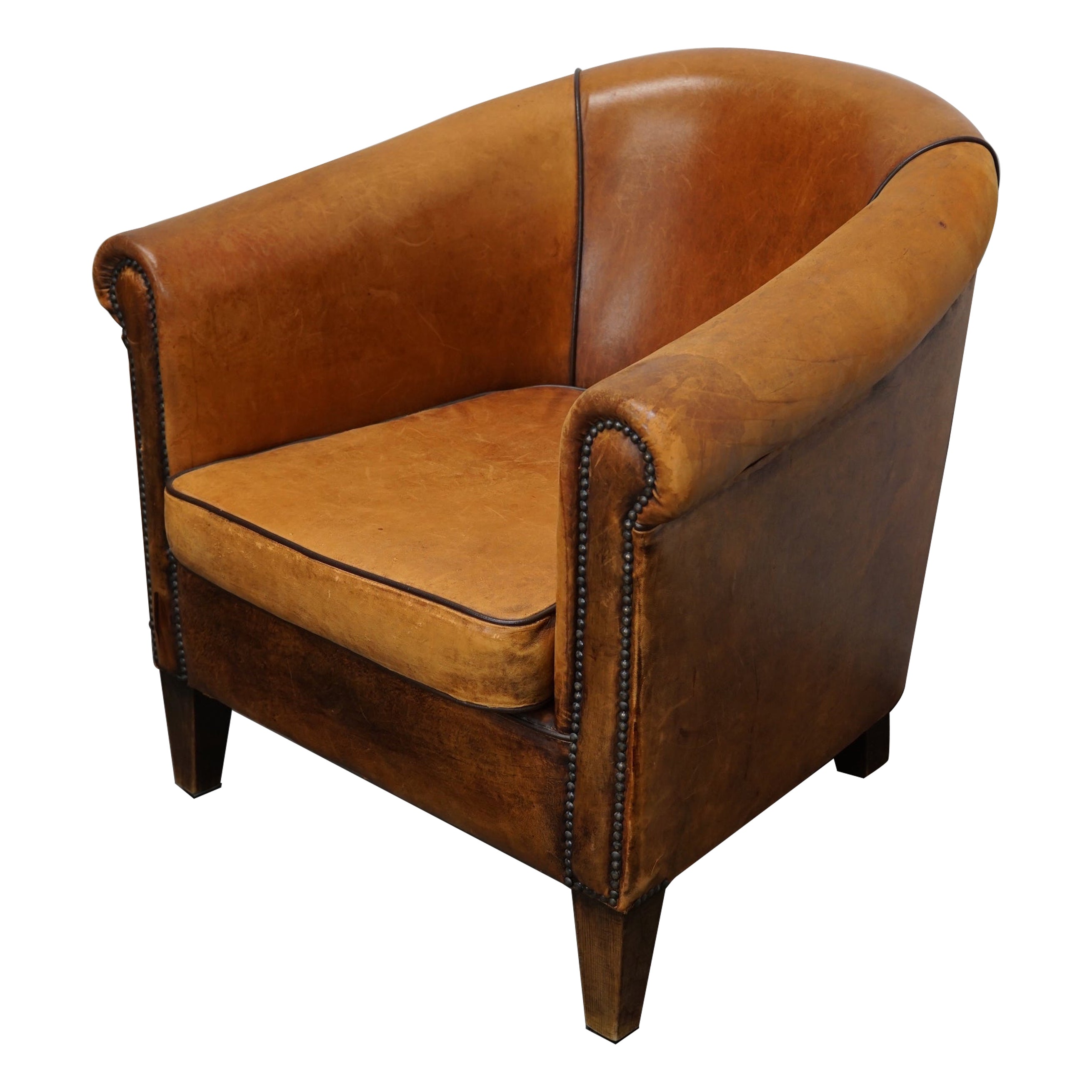 Sedia club olandese vintage in pelle color cognac