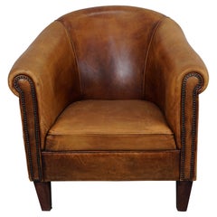 Sedia club olandese vintage in pelle color cognac