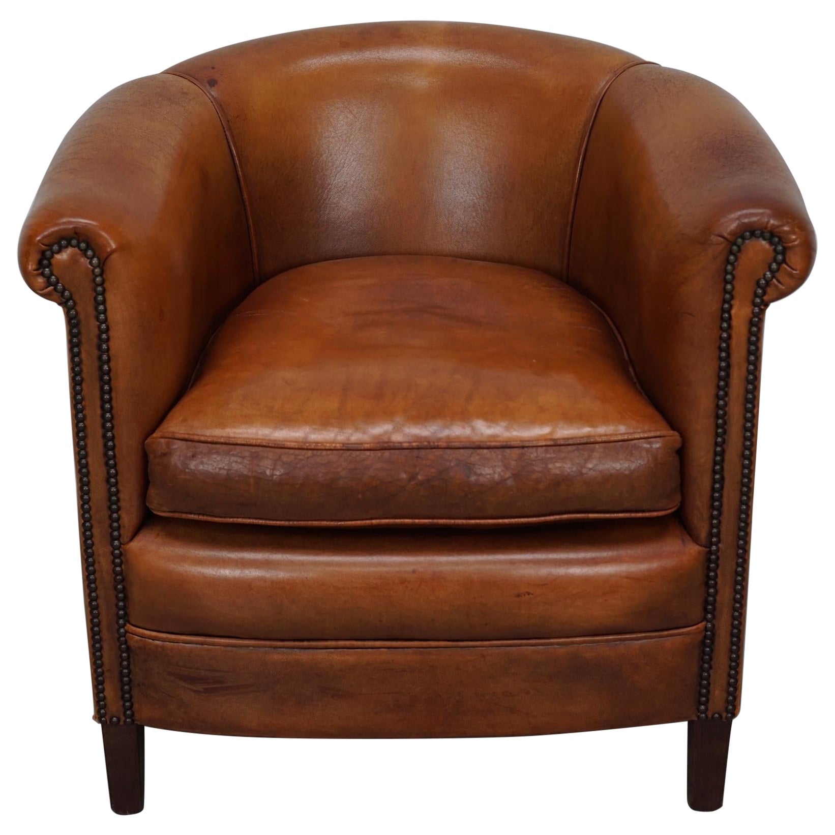 Sedia club olandese vintage in pelle color cognac