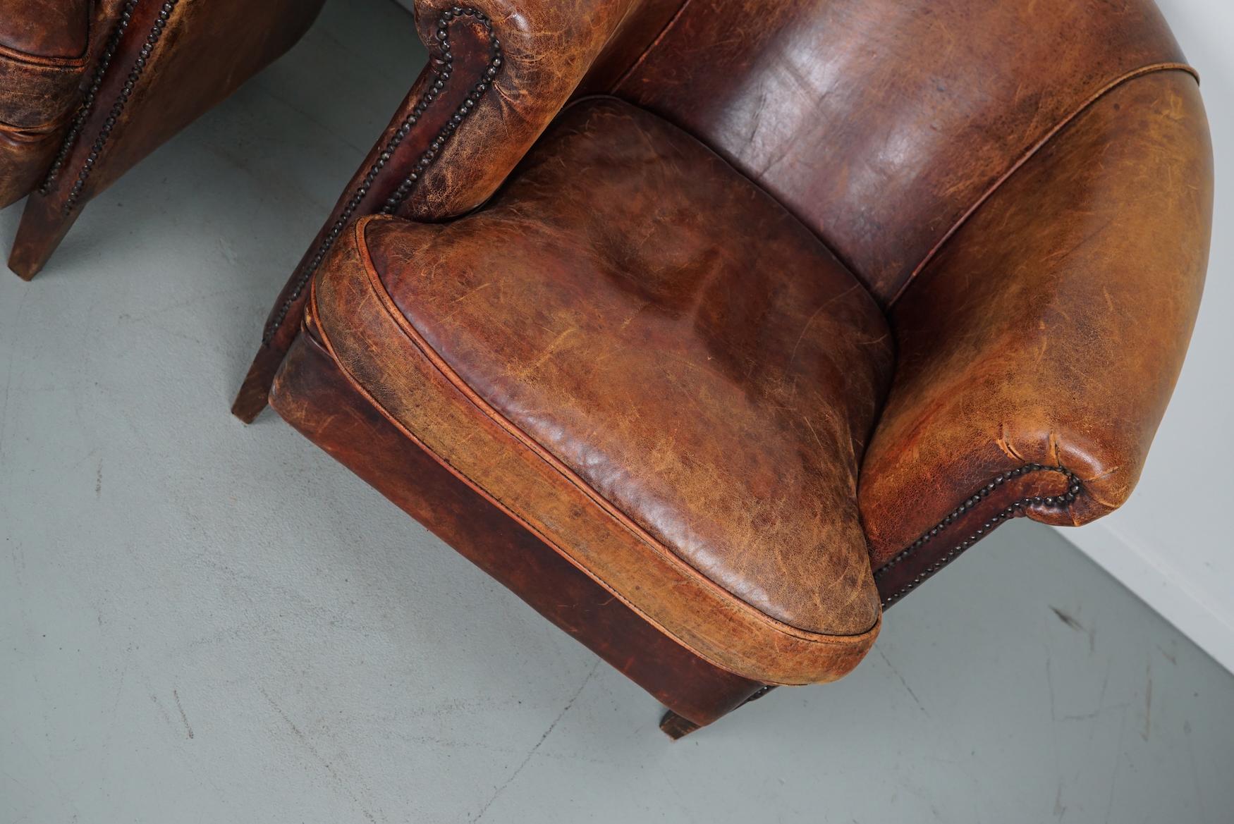 Vintage Dutch Cognac Colored Leather Club Chair, Set of 2 For Sale 5