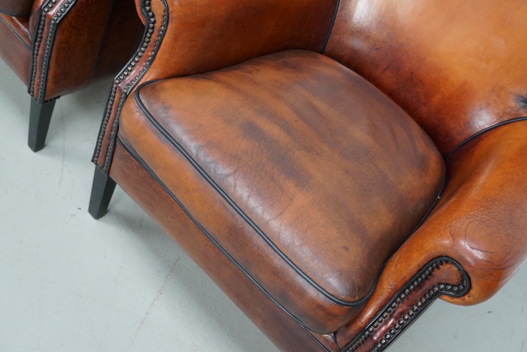 holländischer Cognacfarbener Clubsessel aus Leder, 2er-Set im Angebot 4