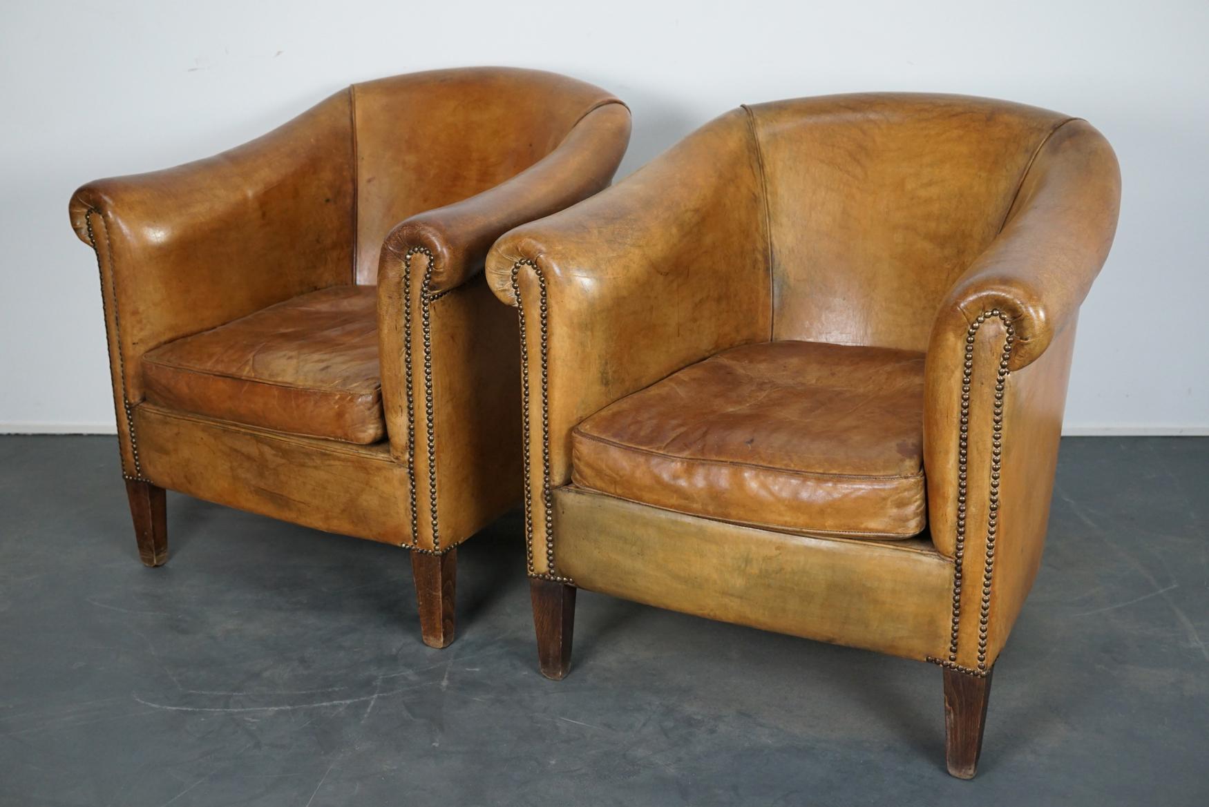 Vintage Dutch Cognac-Colored Leather Club Chair, Set of 2 6