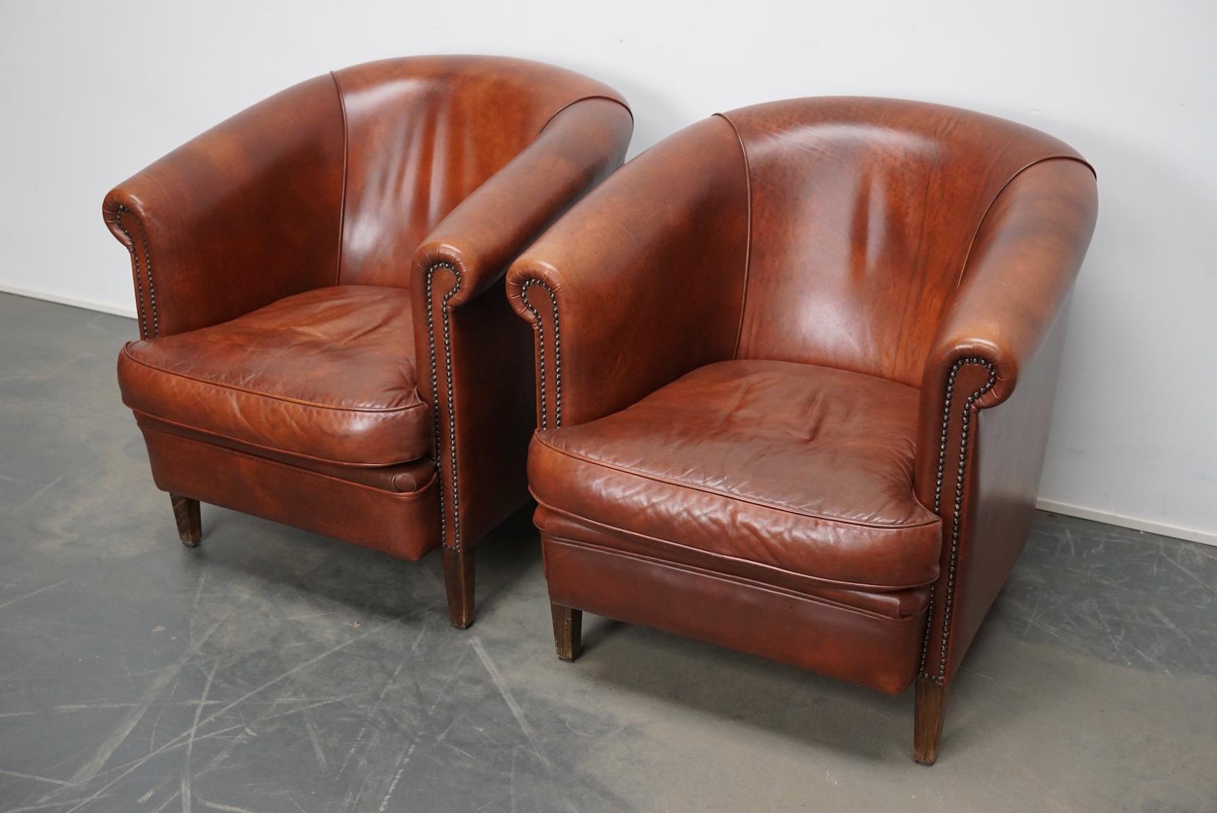 Vintage Dutch Cognac Colored Leather Club Chair, Set of 2 6