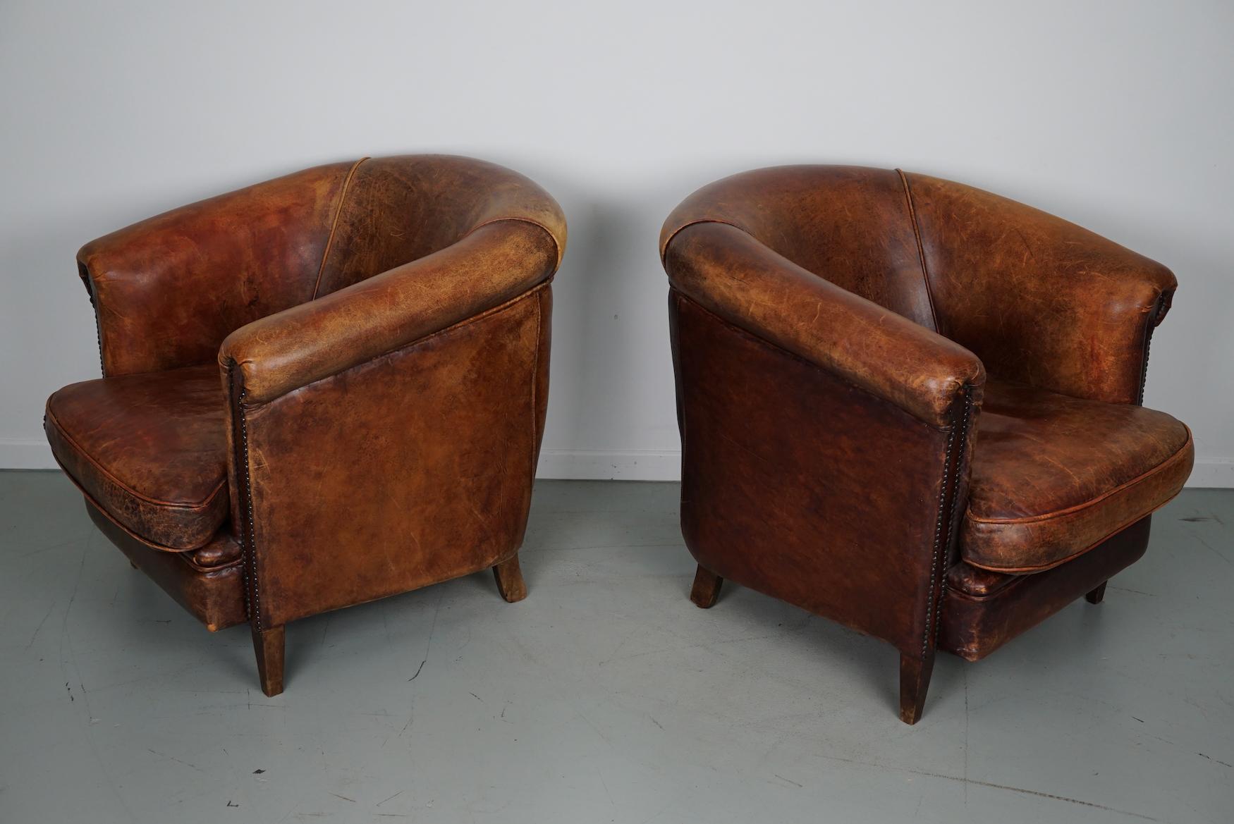 Vintage Dutch Cognac Colored Leather Club Chair, Set of 2 6