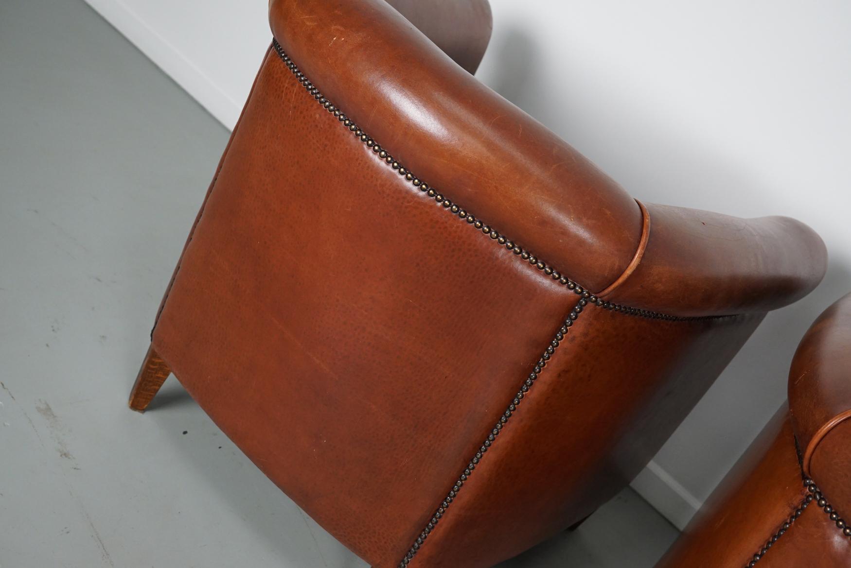 Vintage Dutch Cognac Colored Leather Club Chair, Set of 2 7