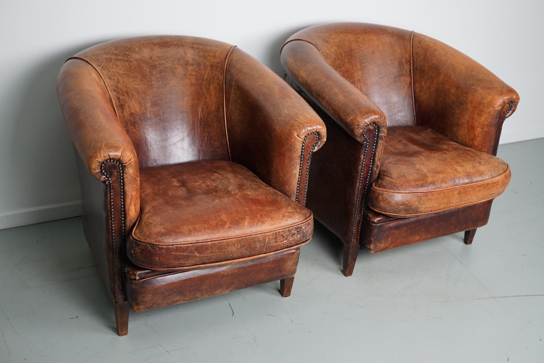 Vintage Dutch Cognac Colored Leather Club Chair, Set of 2 For Sale 6