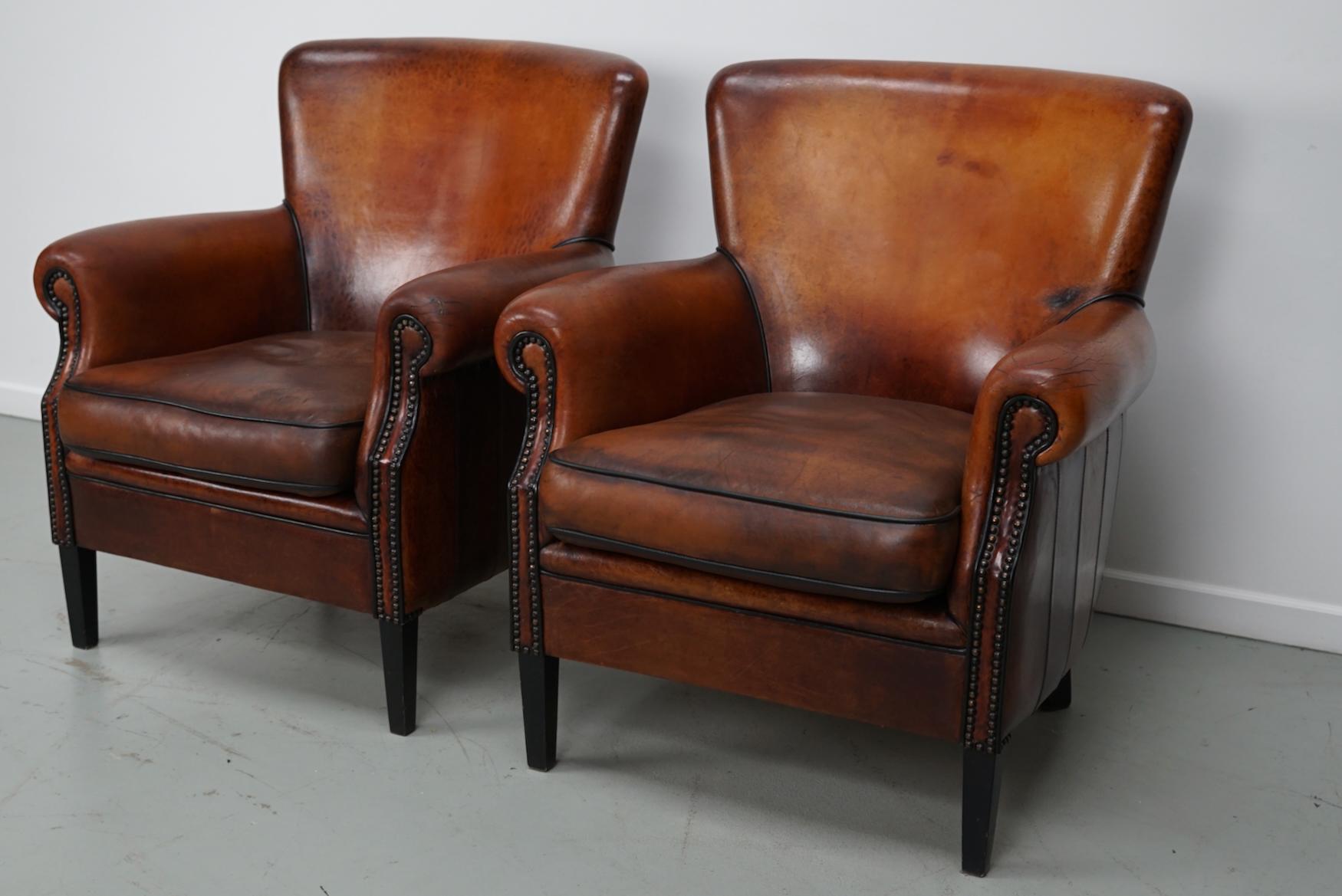 holländischer Cognacfarbener Clubsessel aus Leder, 2er-Set im Angebot 5